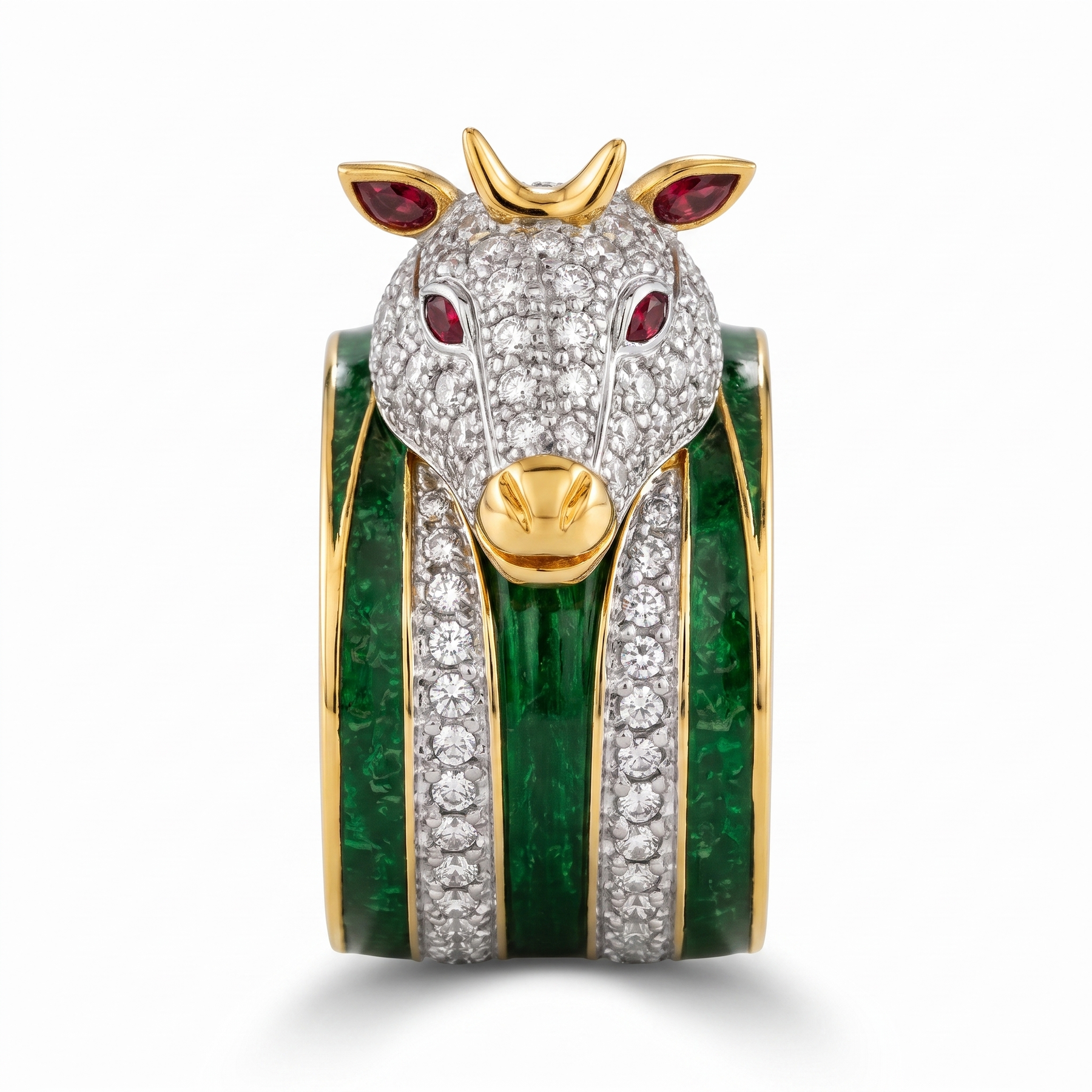 Natural Emerald, Ruby & 1.57 CT Diamond Bull Ring in 18K Yellow Gold