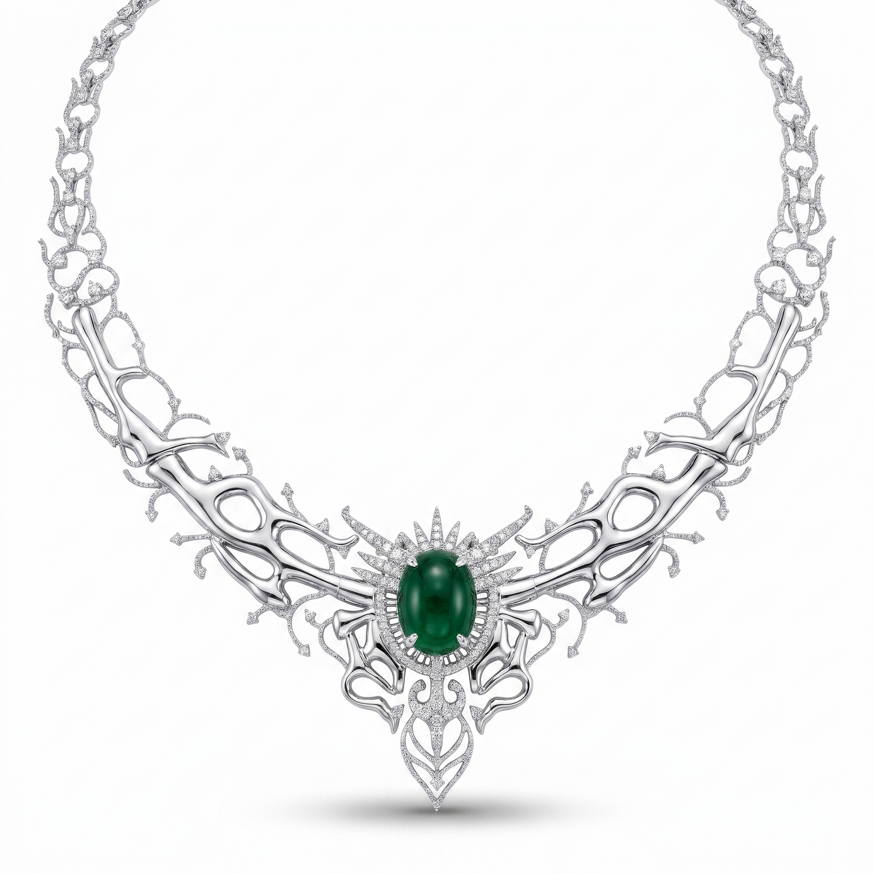 Natural Emerald & 2.97 CT Diamond Statement Necklace in 18K White Gold