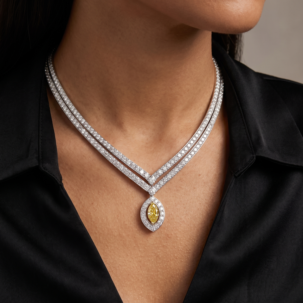 Natural Fancy Yellow Diamond & 5.72 CT Diamond Necklace in 18K White Gold