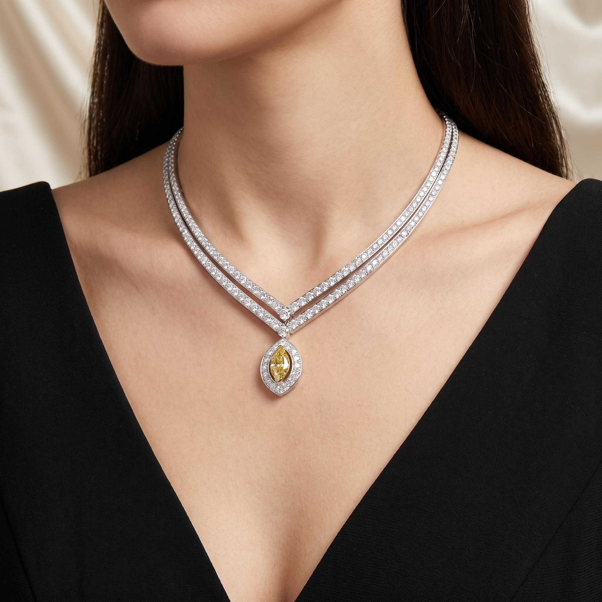 Natural Fancy Yellow Diamond & 5.72 CT Diamond Necklace in 18K White Gold Secondary image