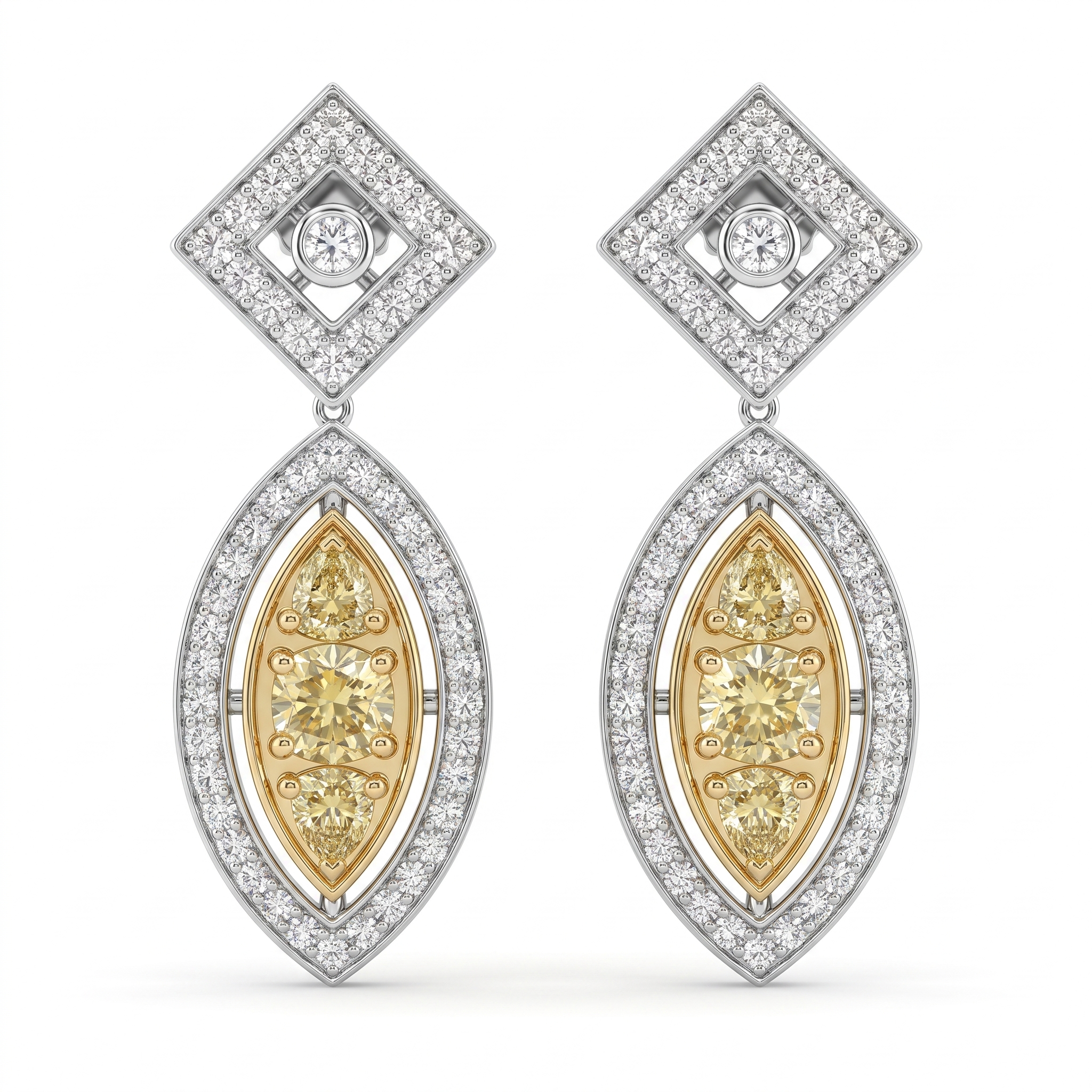 Natural Fancy Yellow Diamond Drop Earrings in 18K White & Yellow Gold Main image