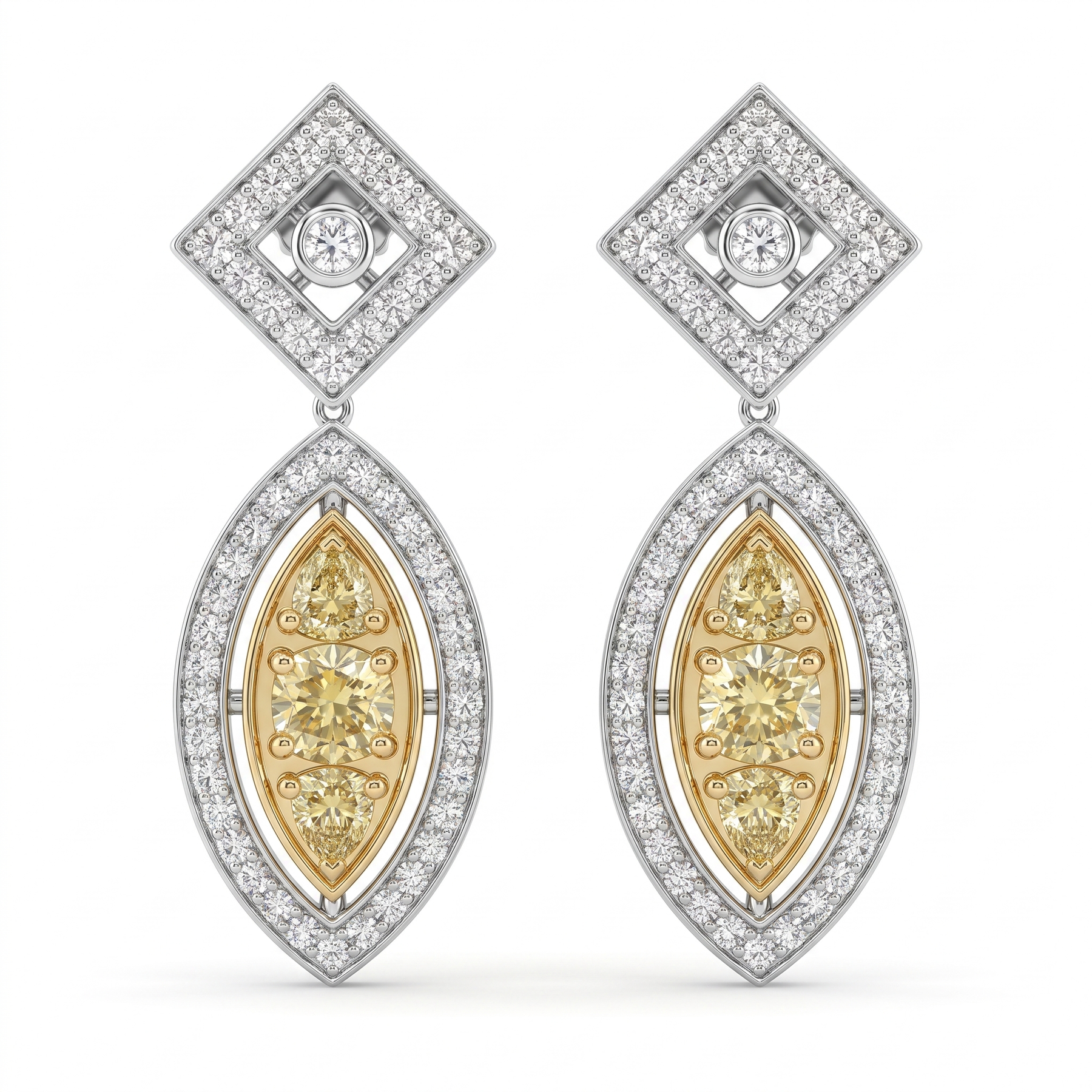 Natural Fancy Yellow Diamond Drop Earrings in 18K White & Yellow Gold