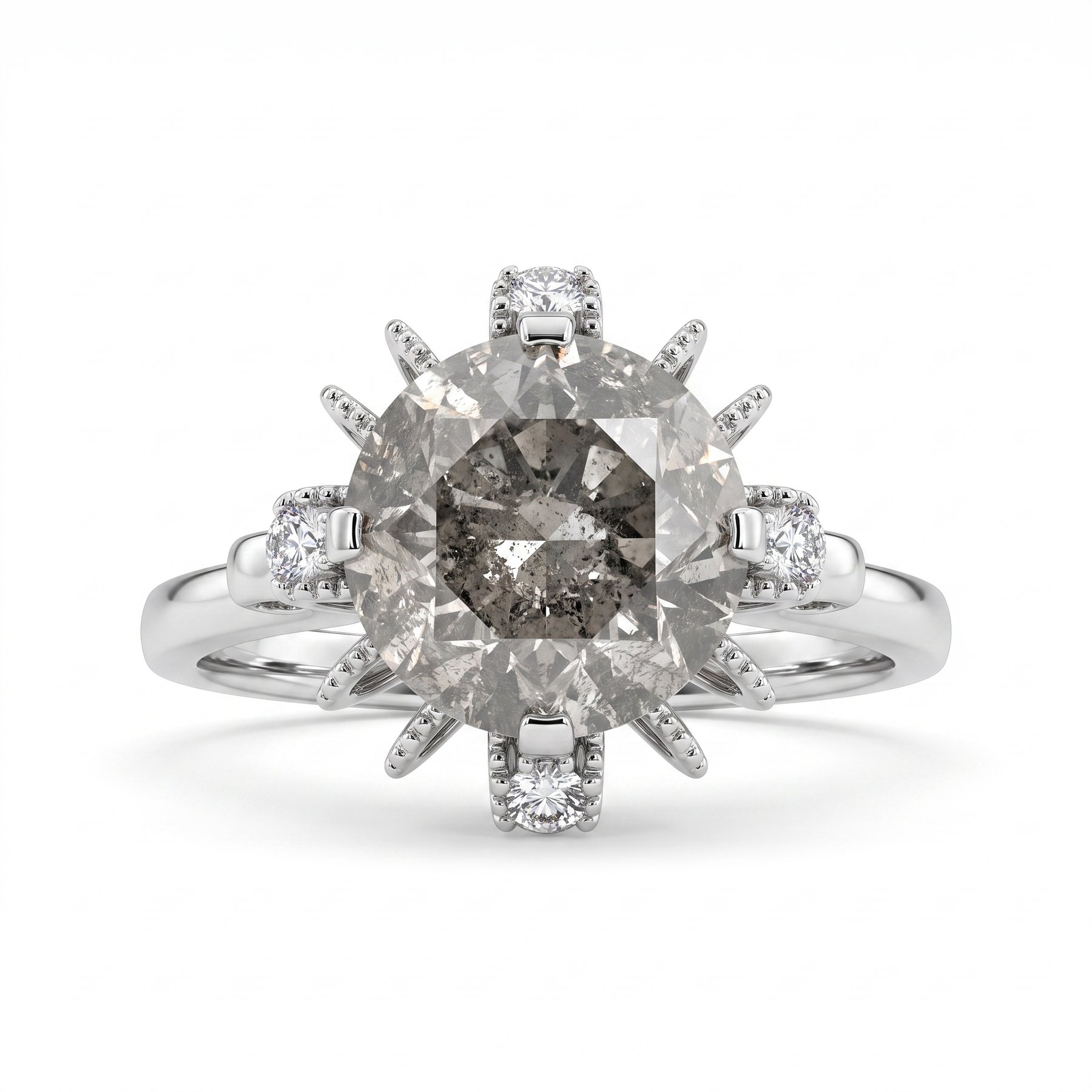 Natural Salt & Pepper Diamond Halo Ring in 18K White Gold | 3.12 CT Centre Diamond | 0.15 CT Natural Diamonds