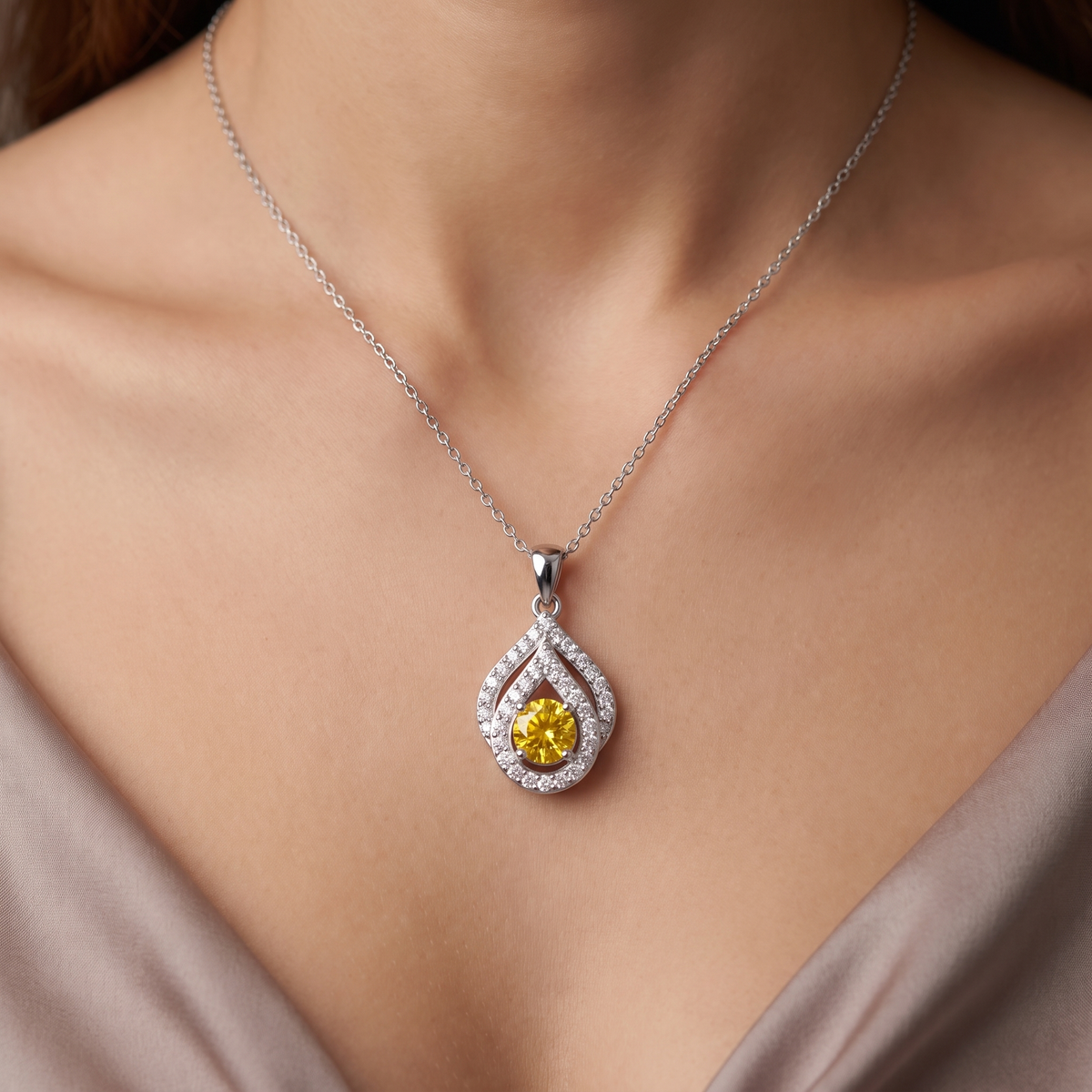 Natural Fancy Yellow Diamond Halo Pendant in 18K White Gold | 0.96 CT Natural Diamonds