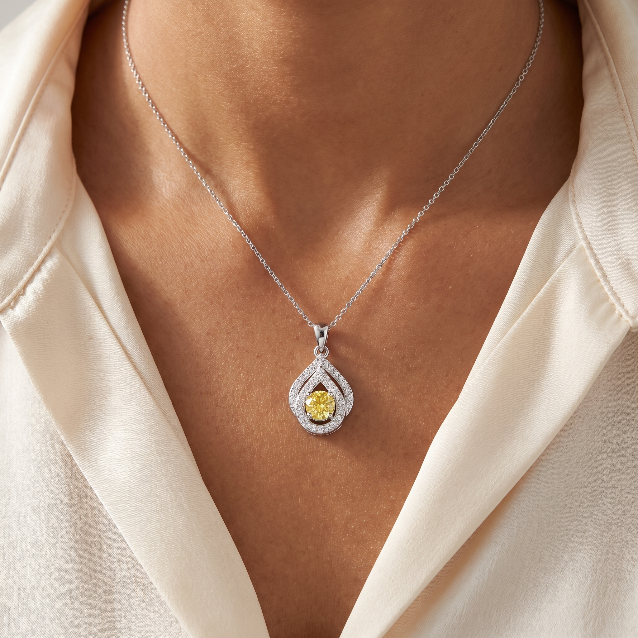 Natural Fancy Yellow Diamond Halo Pendant in 18K White Gold | 0.96 CT Natural Diamonds Secondary image