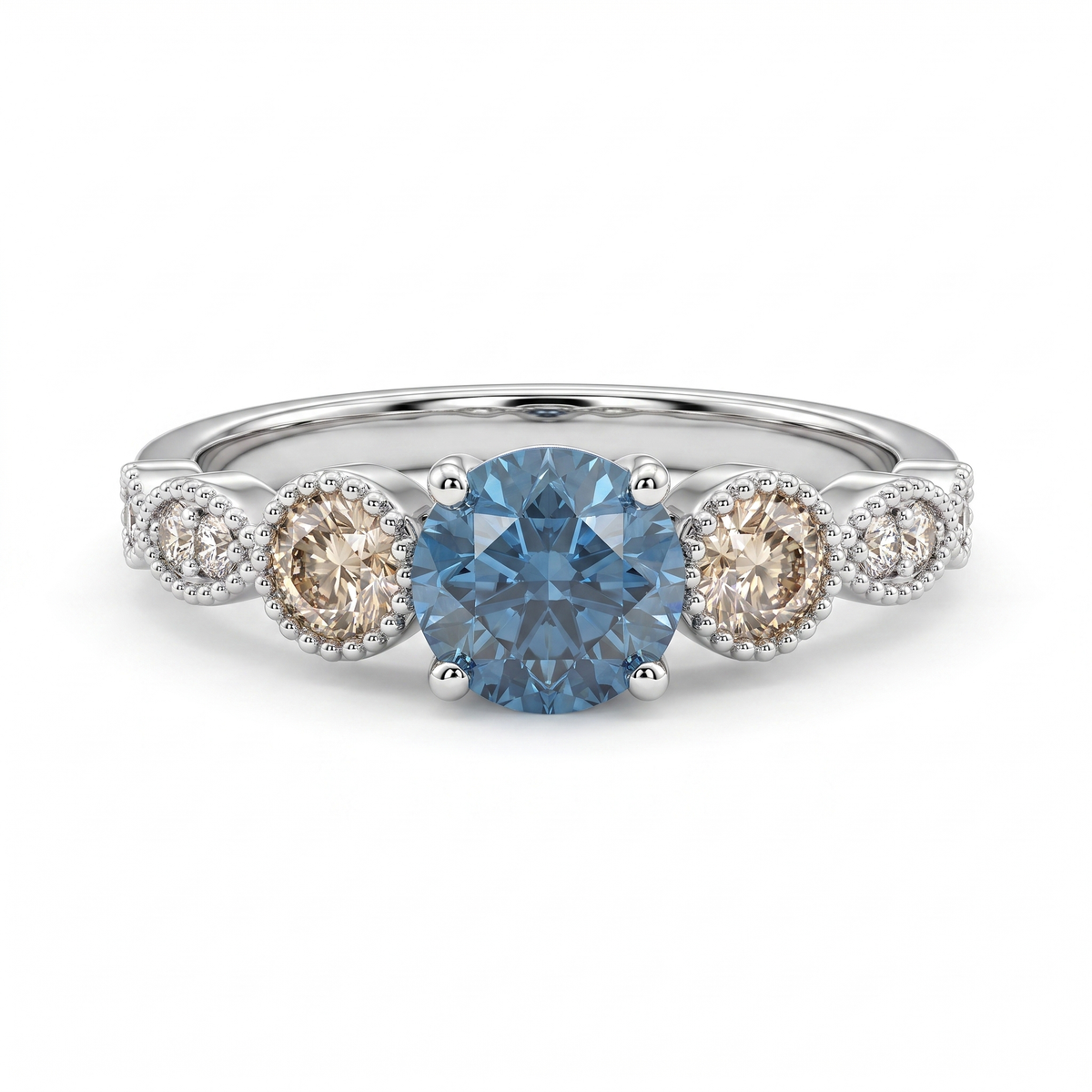 Natural Blue Diamond Three-Stone Ring | 0.81 CT Center Diamond | 1.17 CT Natural Diamonds | 18K White Gold | IGI Certified | Saleh Sallom