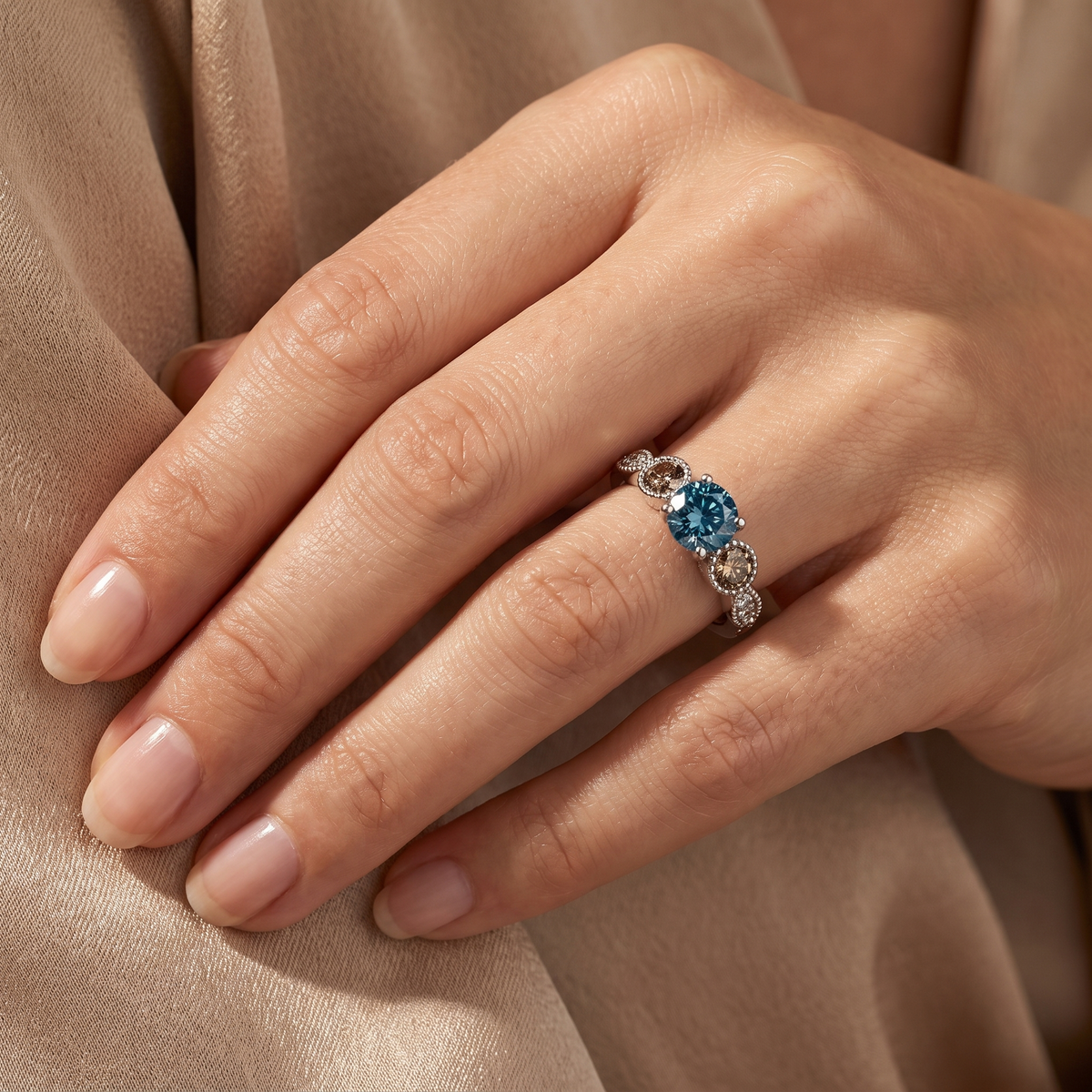 Natural Blue Diamond Three-Stone Ring | 0.81 CT Center Diamond | 1.17 CT Natural Diamonds | 18K White Gold | IGI Certified | Saleh Sallom