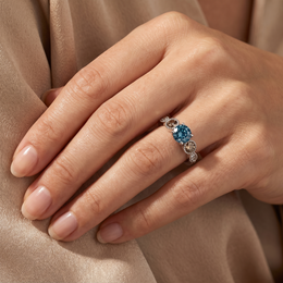 IGI Natural Blue Diamond Three-Stone Ring in 18K White Gold | Blue & Champagne Diamonds