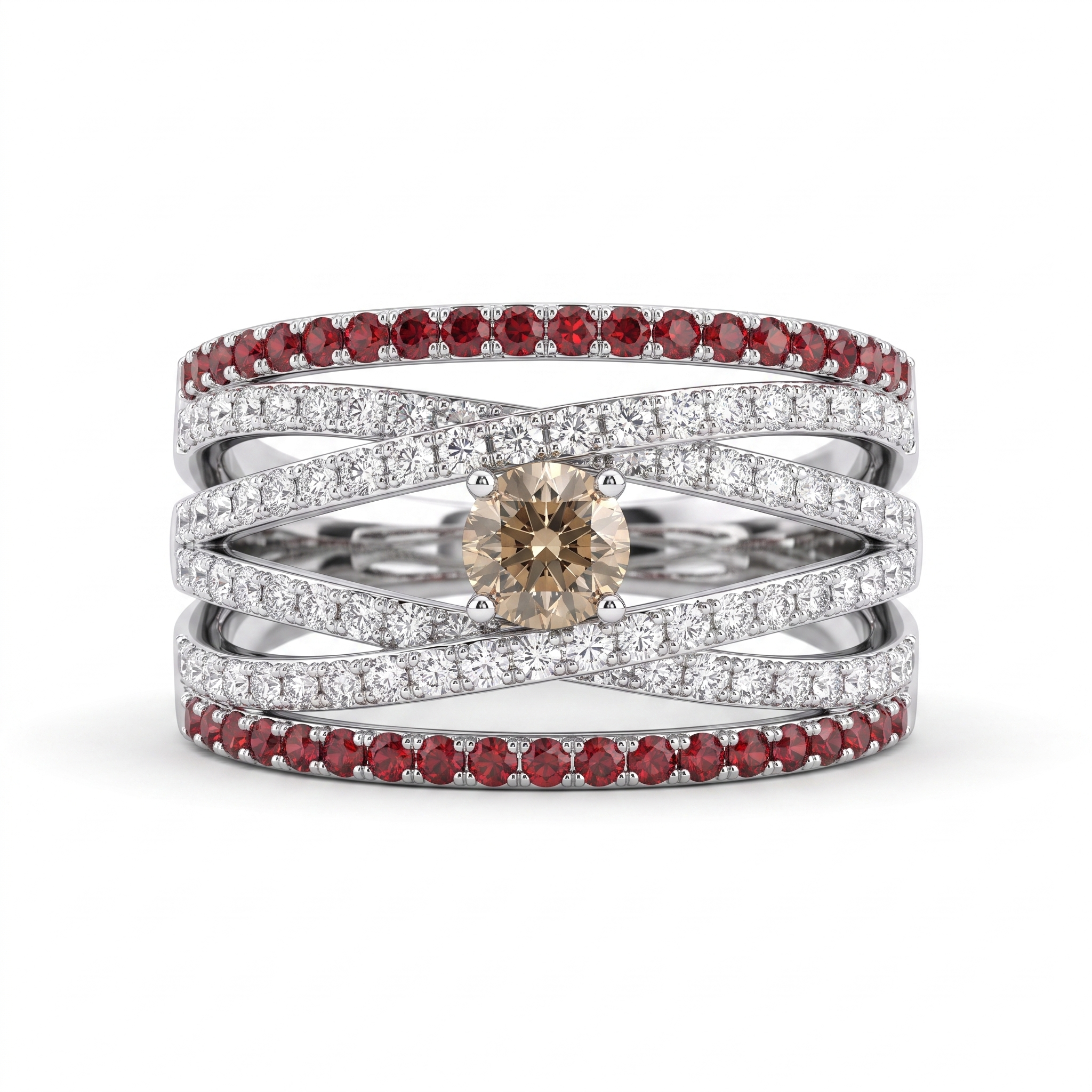 Natural Champagne Diamond, Ruby & Diamond Multi-Band Ring in 18K White Gold | 0.97 CT Natural Diamonds Main image