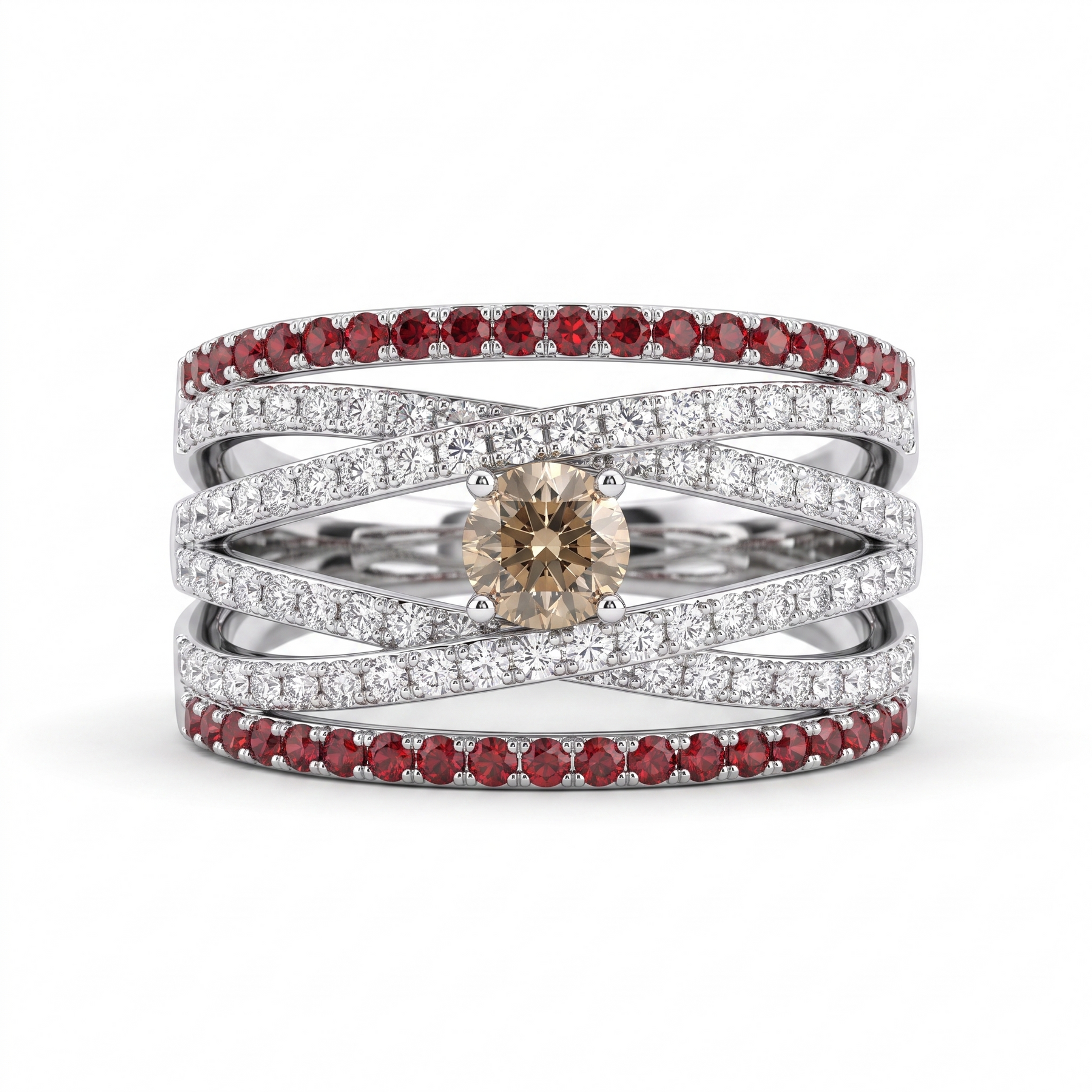 Natural Champagne Diamond, Ruby & Diamond Multi-Band Ring in 18K White Gold | 0.97 CT Natural Diamonds