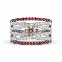 Natural Champagne Diamond, Ruby & Diamond Multi-Band Ring in 18K White Gold | 0.97 CT Natural Diamonds