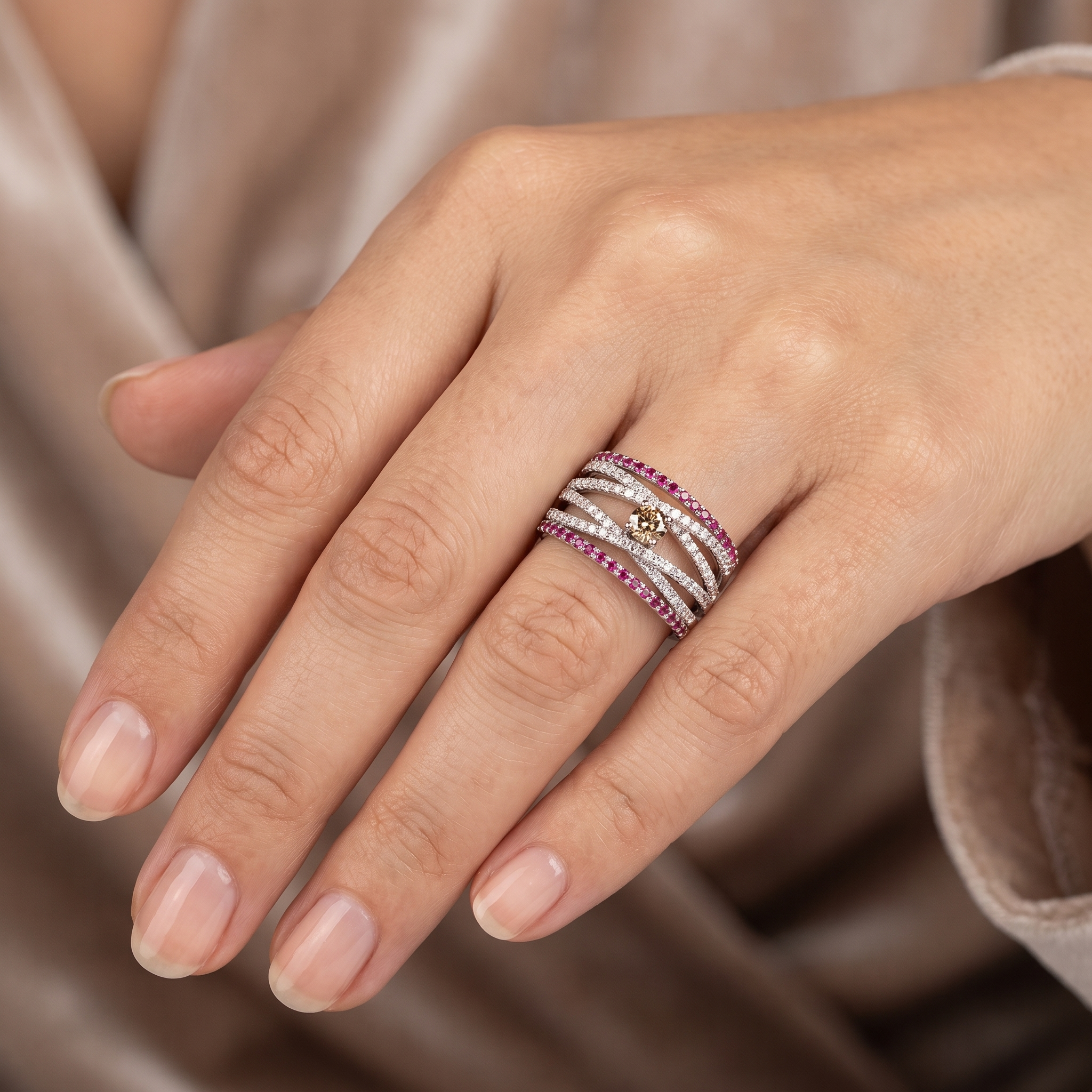 Natural Champagne Diamond, Ruby & Diamond Multi-Band Ring in 18K White Gold | 0.97 CT Natural Diamonds Secondary image