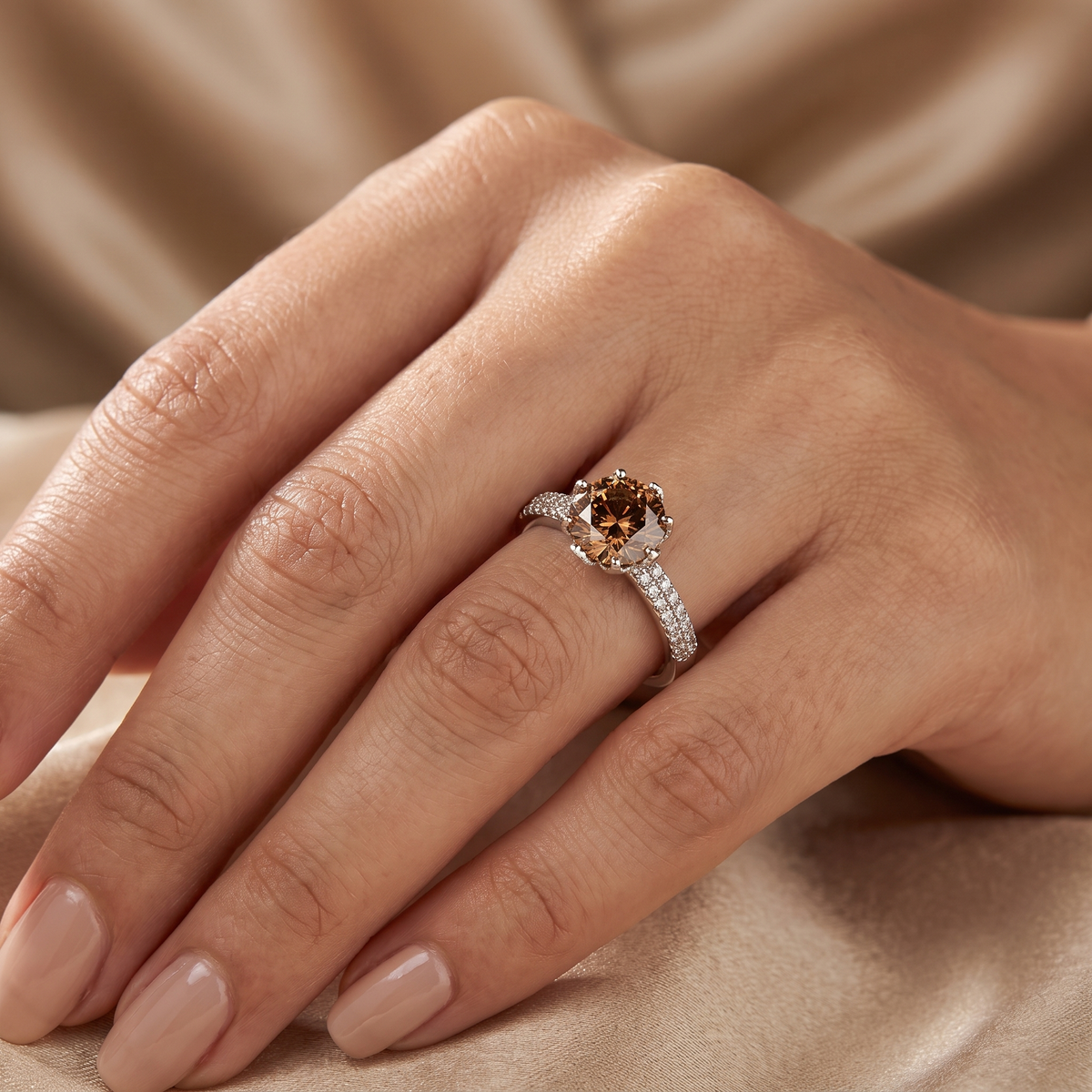 Natural Champagne Diamond Ring in 18K White Gold | 1.25 CT Champagne Diamond | 0.39 CT Natural Diamonds