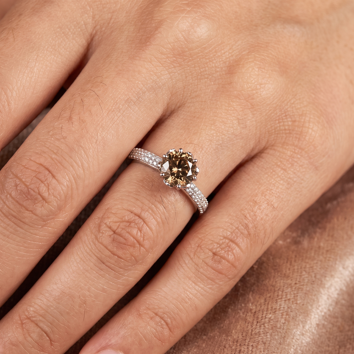 Natural Champagne Diamond Ring in 18K White Gold | 1.25 CT Champagne Diamond | 0.39 CT Natural Diamonds