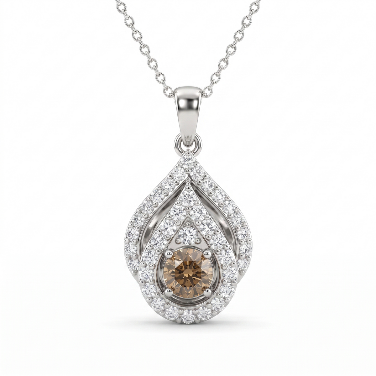 Natural Brown Diamond Teardrop Pendant Necklace in 18K White Gold | 0.70 CT Natural Diamonds | 0.23 CT Brown Diamond