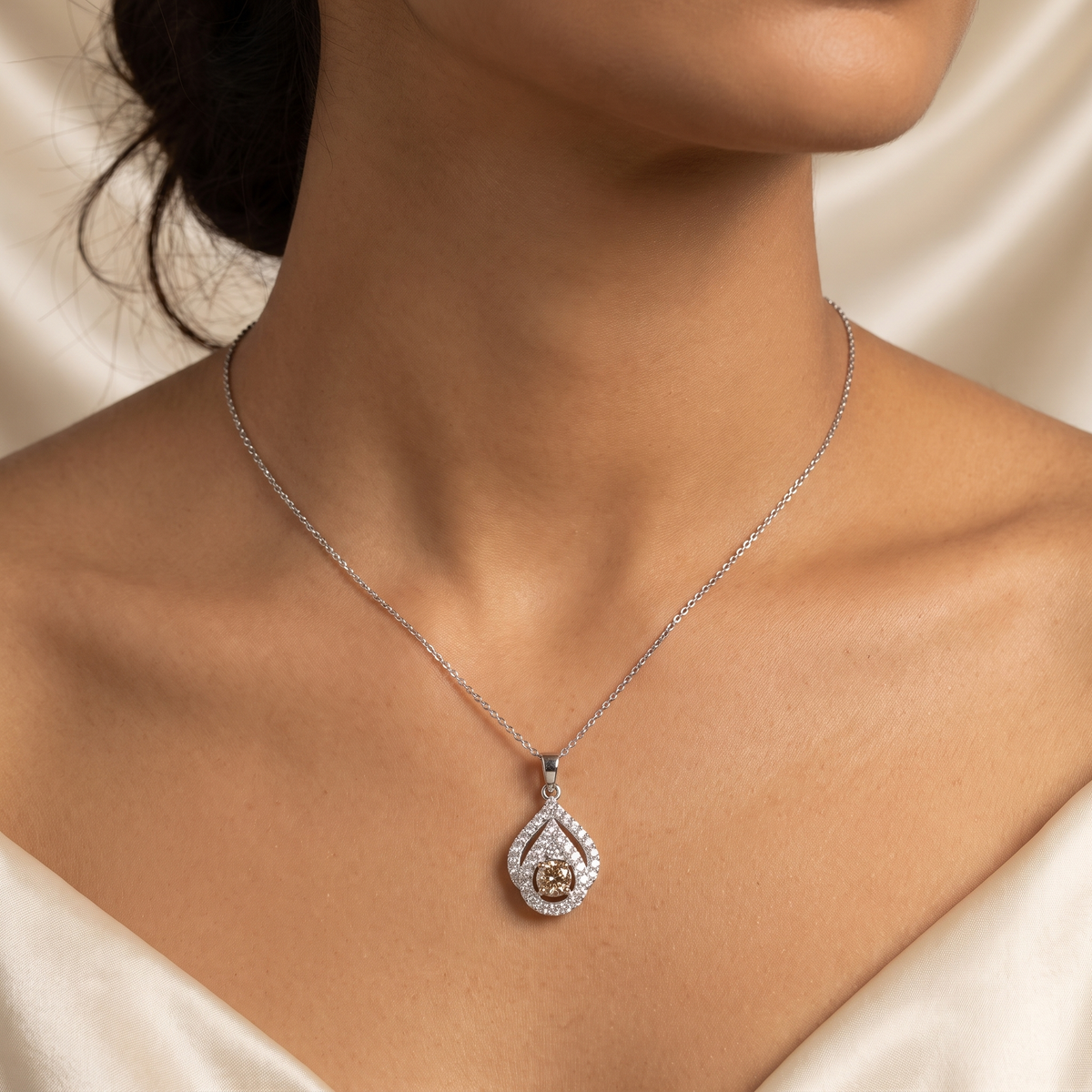 Natural Brown Diamond Teardrop Pendant Necklace in 18K White Gold | 0.70 CT Natural Diamonds | 0.23 CT Brown Diamond