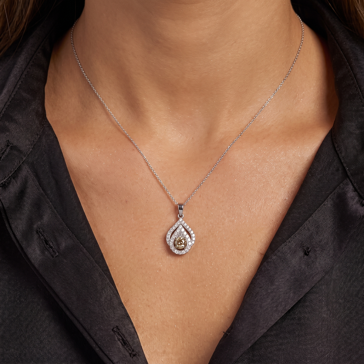 Natural Brown Diamond Teardrop Pendant Necklace in 18K White Gold | 0.70 CT Natural Diamonds | 0.23 CT Brown Diamond