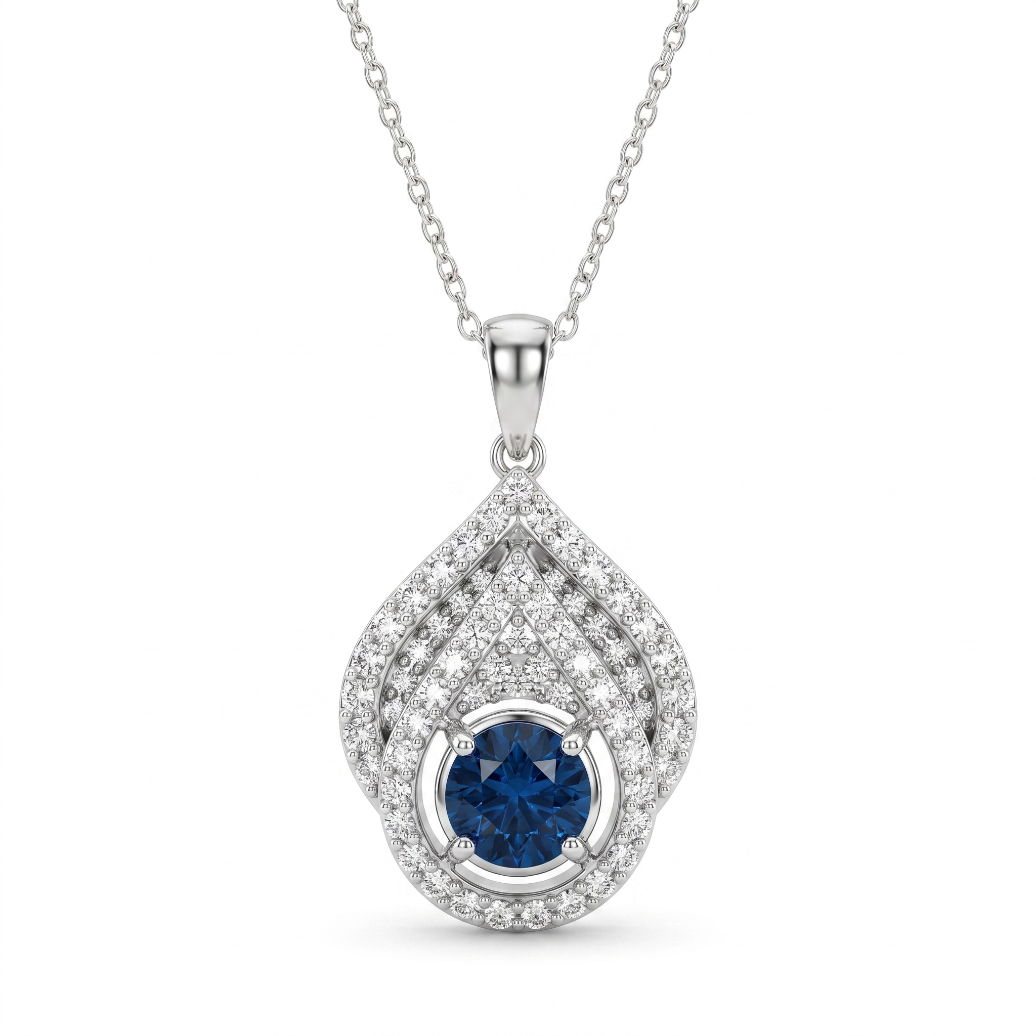 Natural Blue Sapphire & Diamond Teardrop Pendant Necklace in 18K White Gold | 0.70 CT Natural Diamonds | 1.05 CT Blue Sapphire Main image