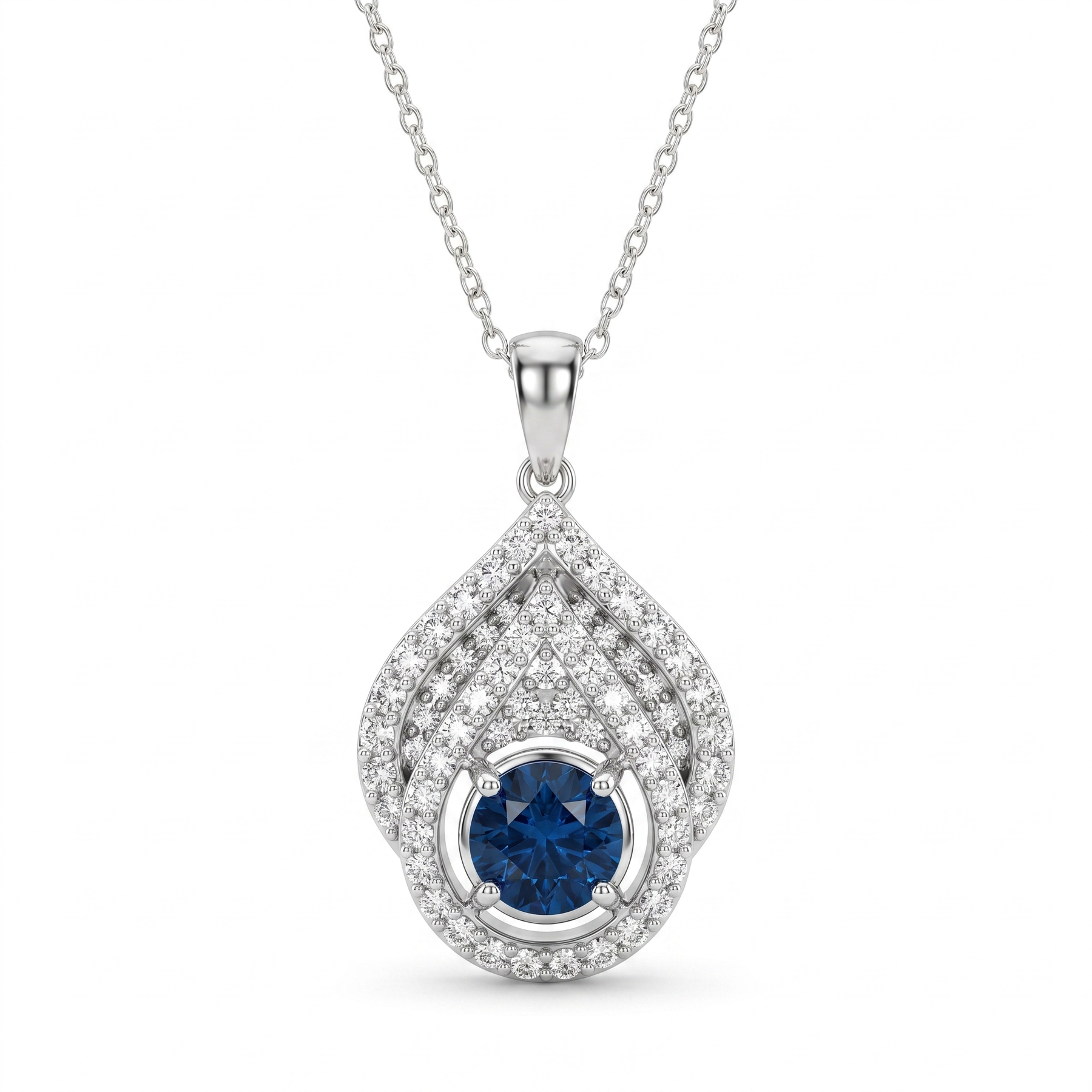 Natural Blue Sapphire & Diamond Teardrop Pendant Necklace in 18K White Gold | 0.70 CT Natural Diamonds | 1.05 CT Blue Sapphire