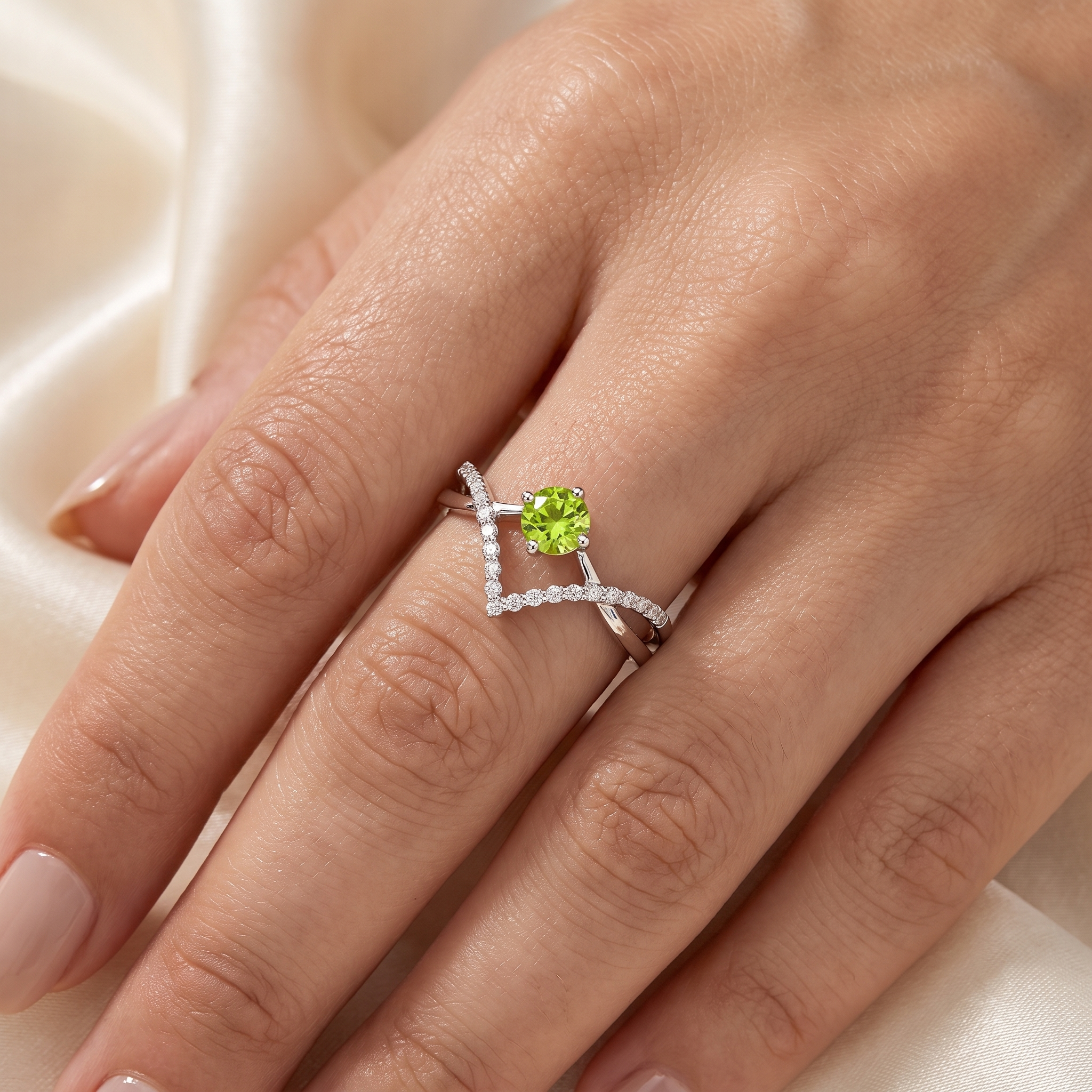 Natural Peridot & Diamond Split Shank Ring in 18K White Gold | 0.20 CT Natural Diamonds | 0.53 CT Natural Peridot Secondary image
