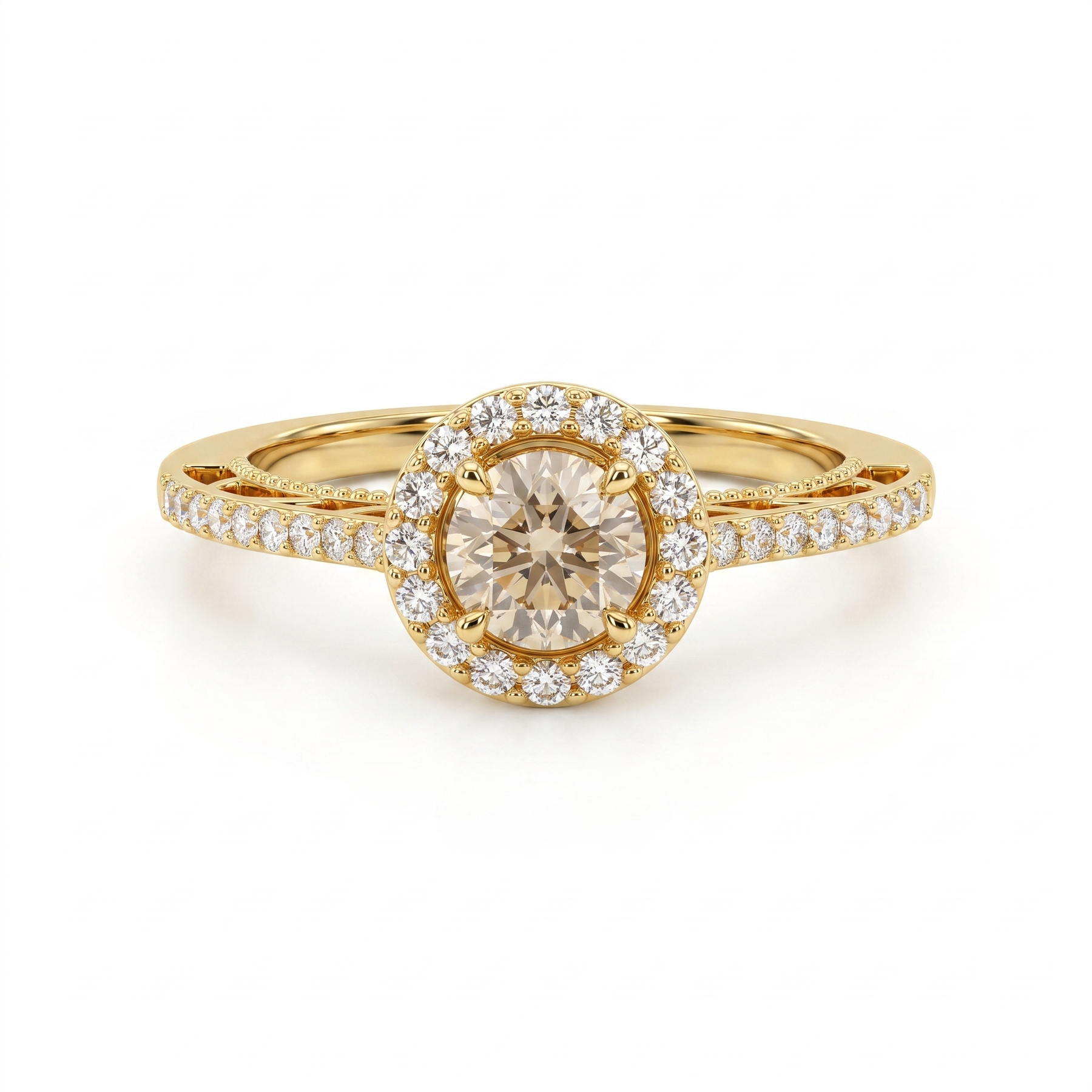 Natural Champagne Diamond Halo Ring in 18K Yellow Gold | 0.95 CT Natural Diamonds