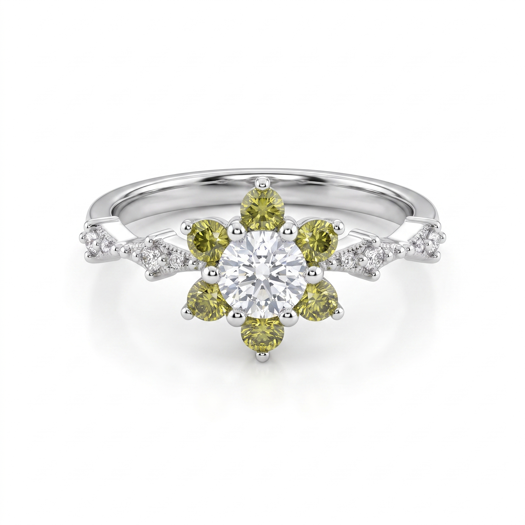 Natural Yellow Diamond & White Diamond Floral Ring in 18K White Gold | 0.41 CT Natural Diamonds | 0.41 CT Yellow Diamonds