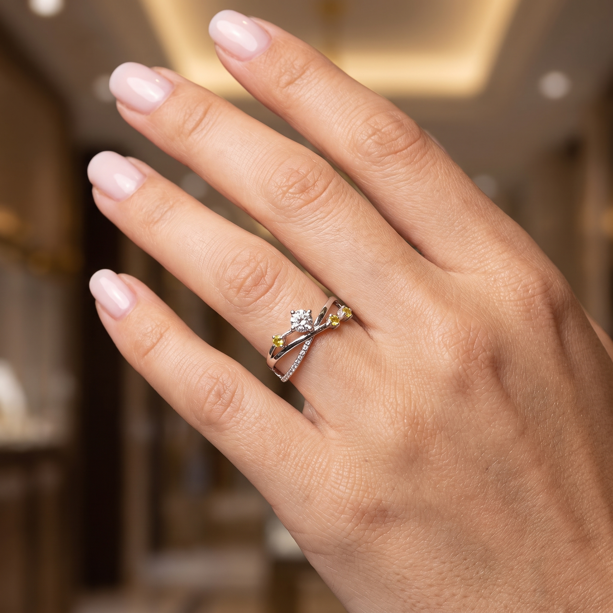 Natural Diamond Designer Crossover Ring | 0.39 CT Center Diamond | 0.56 CT Natural Diamonds | 18K White Gold | IGI Certified | Saleh Sallom Secondary image