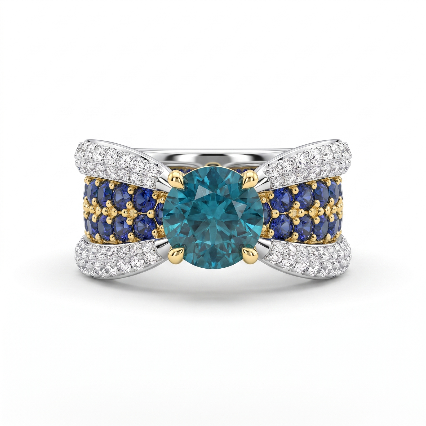 Natural Blue Diamond, Blue Sapphire & Diamond Ring in 18K White Gold | 2.17 CT Natural Diamonds
