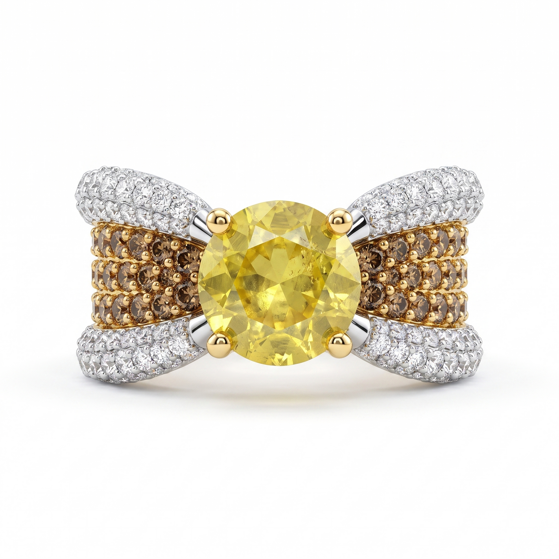 Natural Yellow Sapphire, Brown Diamond & Diamond Ring in 18K White Gold | 2.02 CT Natural Diamonds
