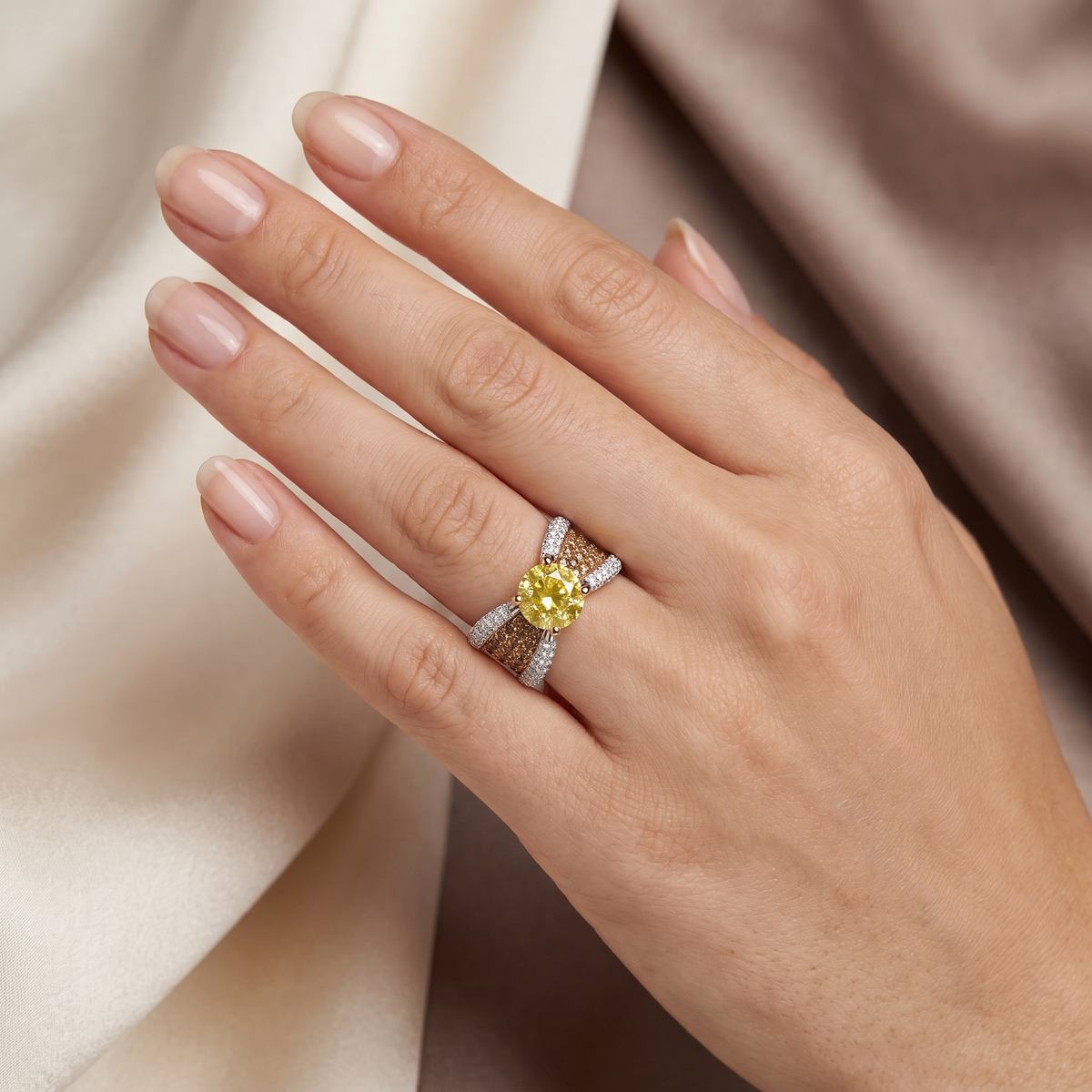 Natural Yellow Sapphire, Brown Diamond & Diamond Ring in 18K White Gold | 2.02 CT Natural Diamonds