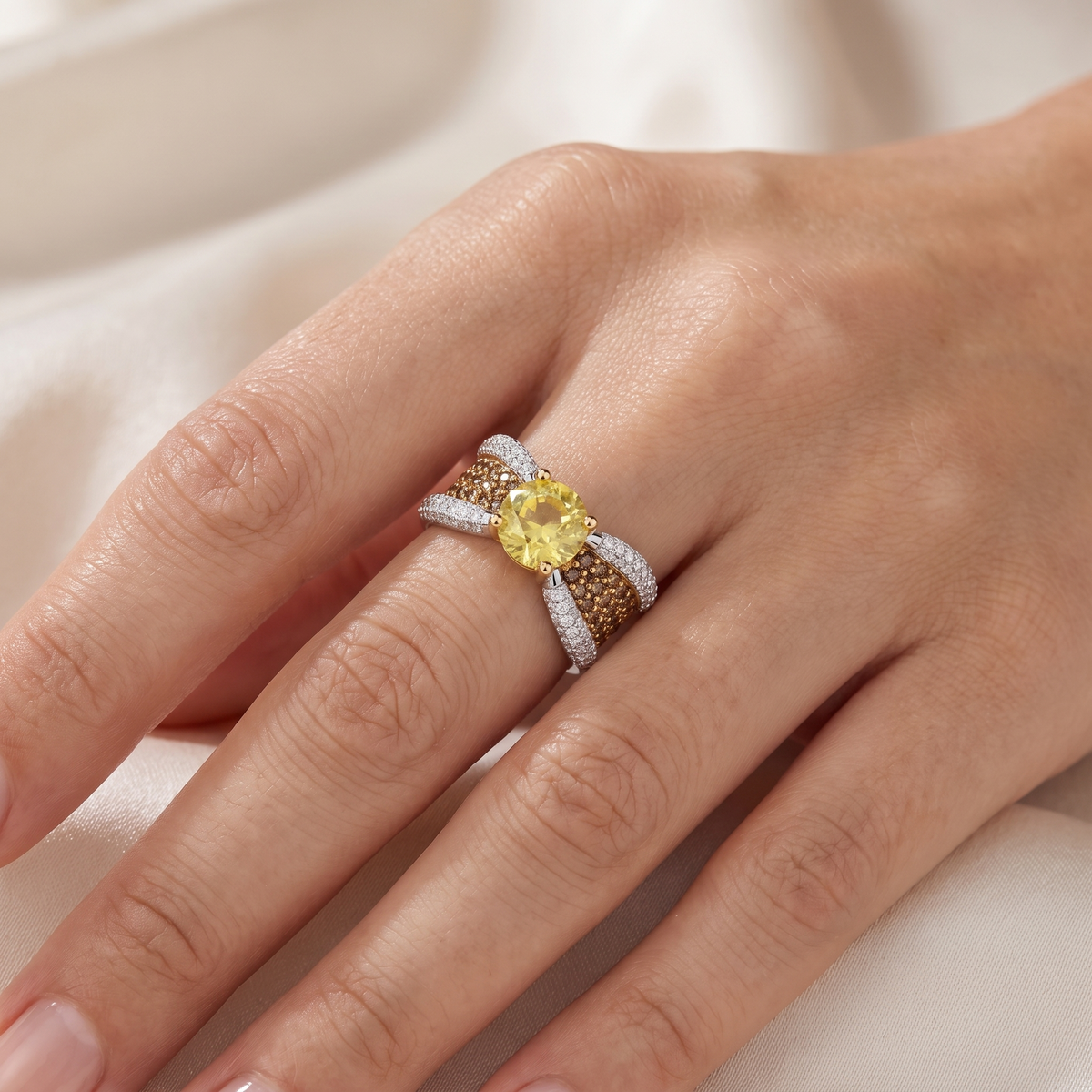 Natural Yellow Sapphire, Brown Diamond & Diamond Ring in 18K White Gold | 2.02 CT Natural Diamonds