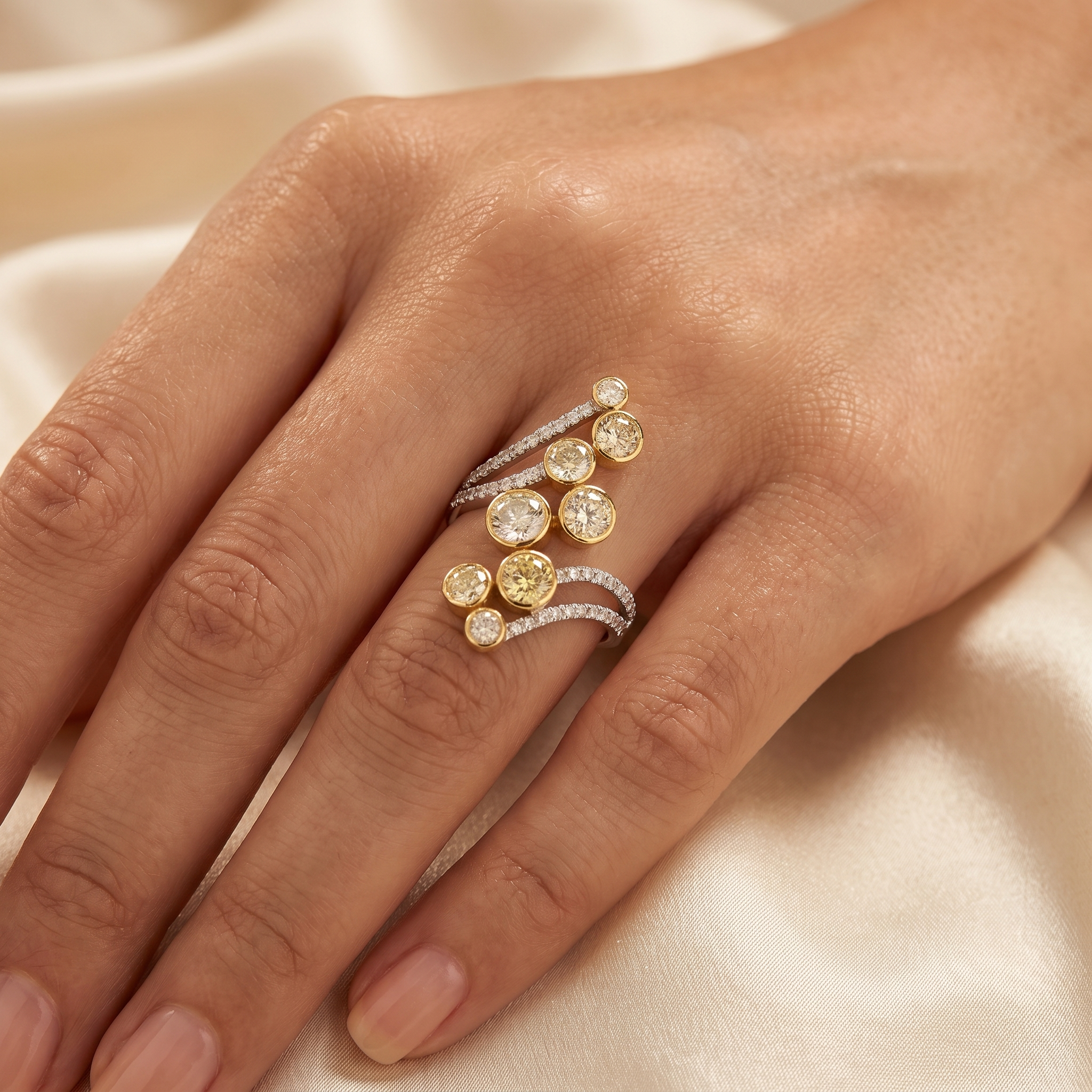 Natural Yellow Diamond & Diamond Open Cluster Ring in 18K White Gold | 1.17 CT Natural Diamonds Secondary image