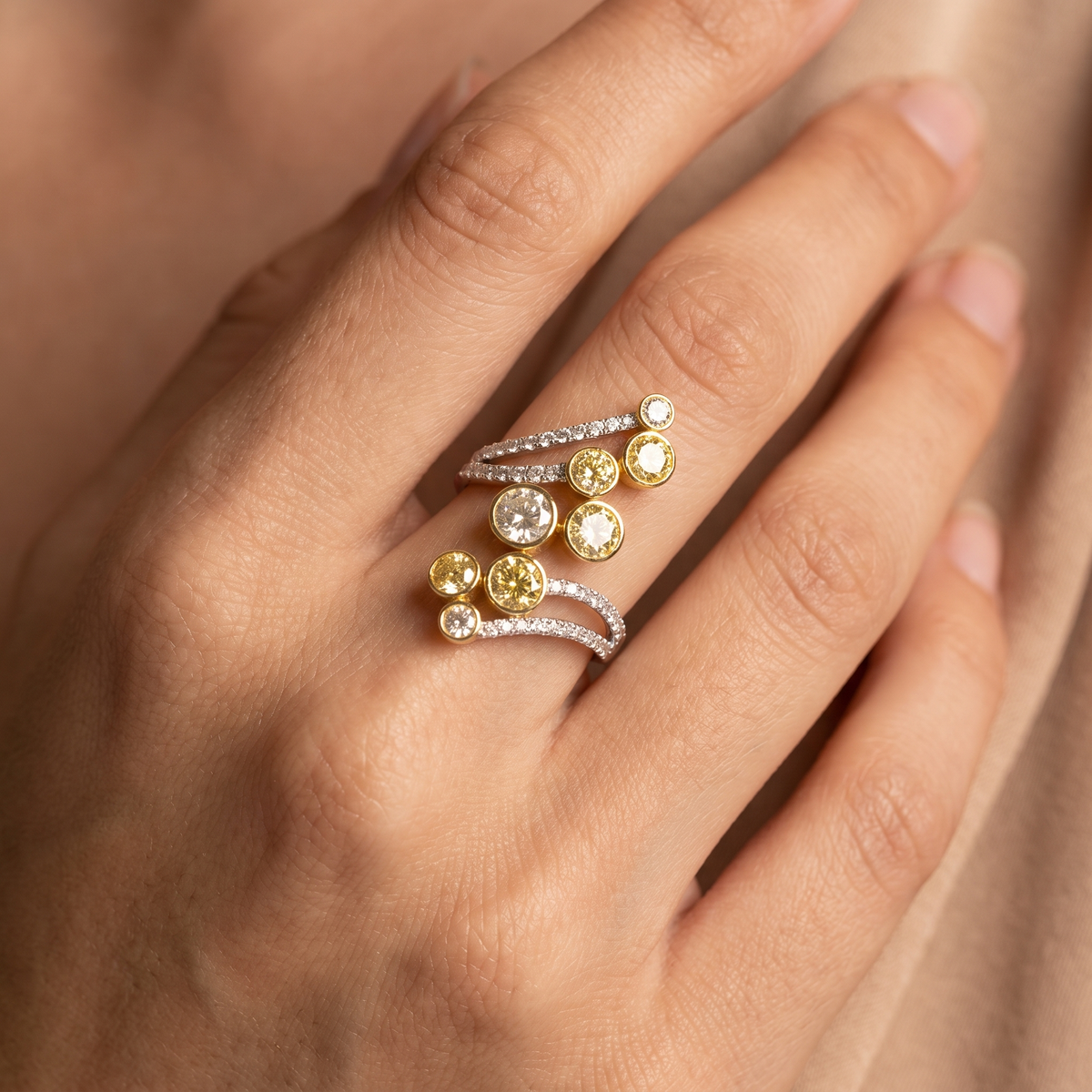 Natural Yellow Diamond & Diamond Open Cluster Ring in 18K White Gold | 1.17 CT Natural Diamonds
