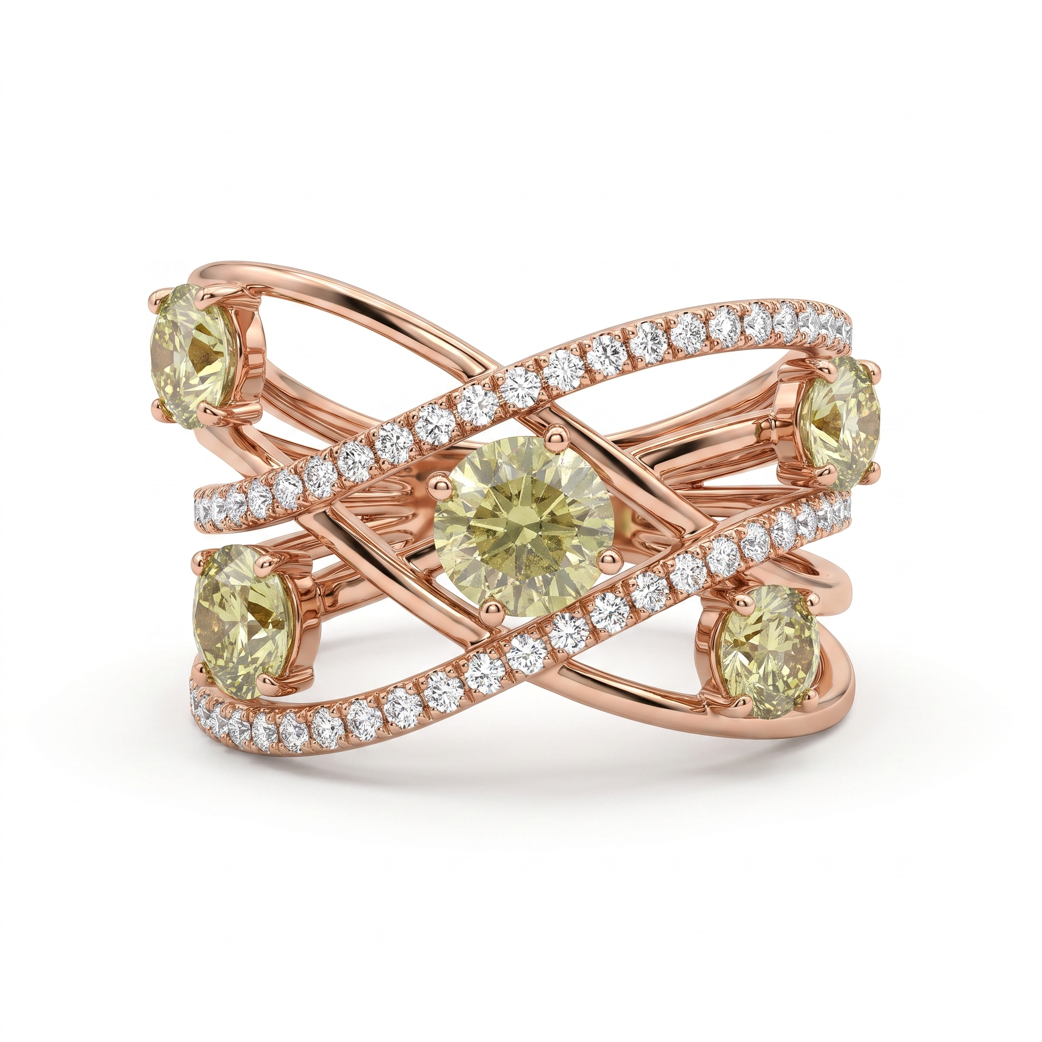 Natural Yellow Diamond Multi-Stone Crisscross Ring in 18K Rose Gold | 1.95 CT Natural Diamonds Main image