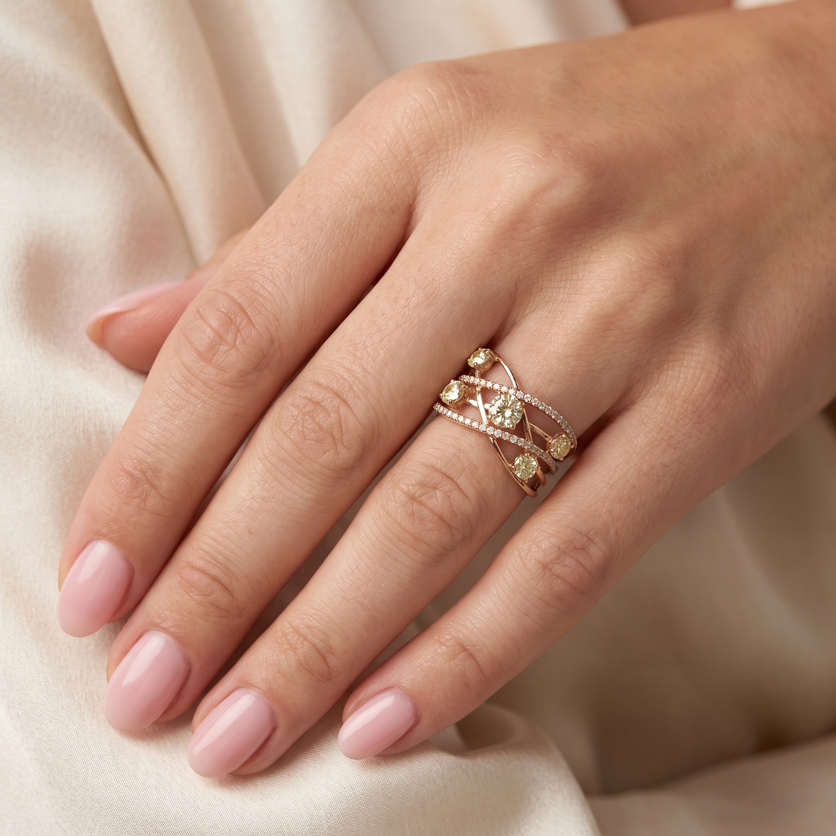 Natural Yellow Diamond Multi-Stone Crisscross Ring in 18K Rose Gold | 1.95 CT Natural Diamonds