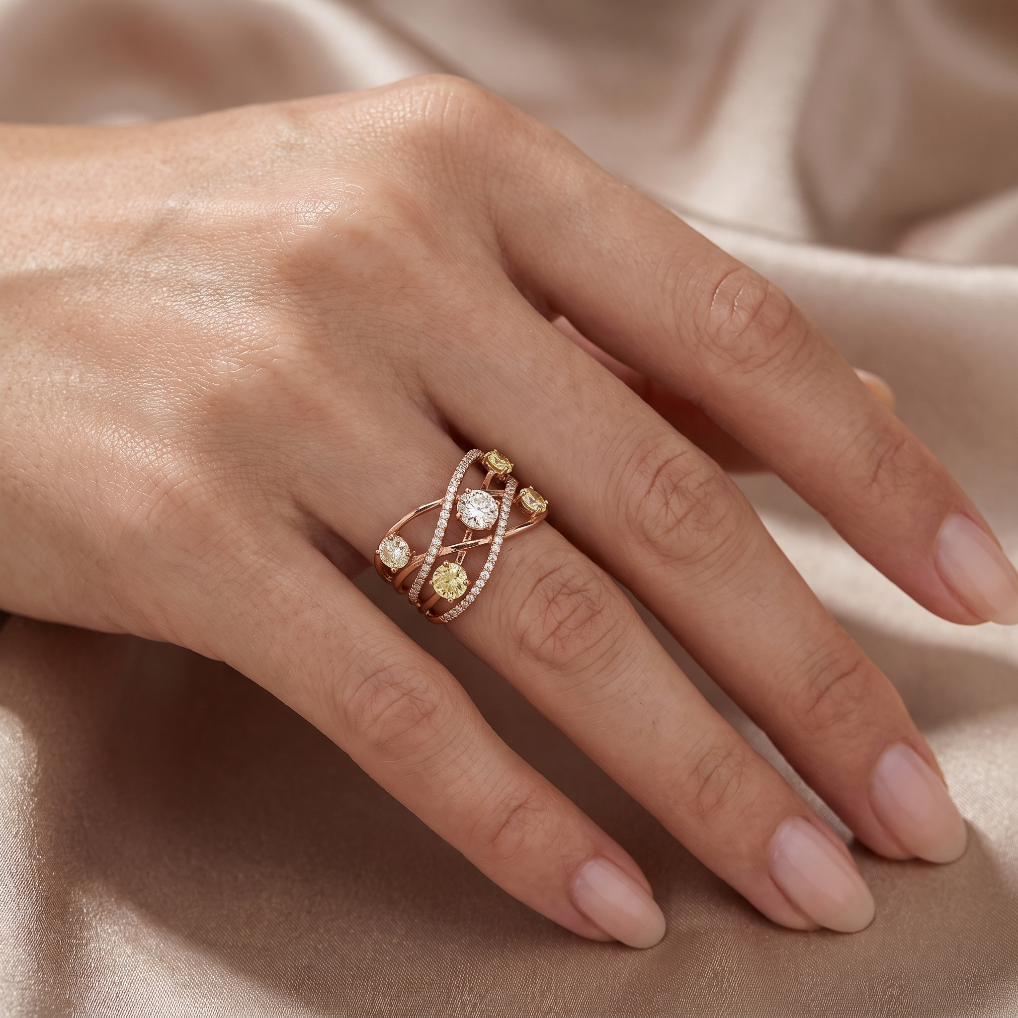 Natural Yellow Diamond Multi-Stone Crisscross Ring in 18K Rose Gold | 1.95 CT Natural Diamonds Secondary image
