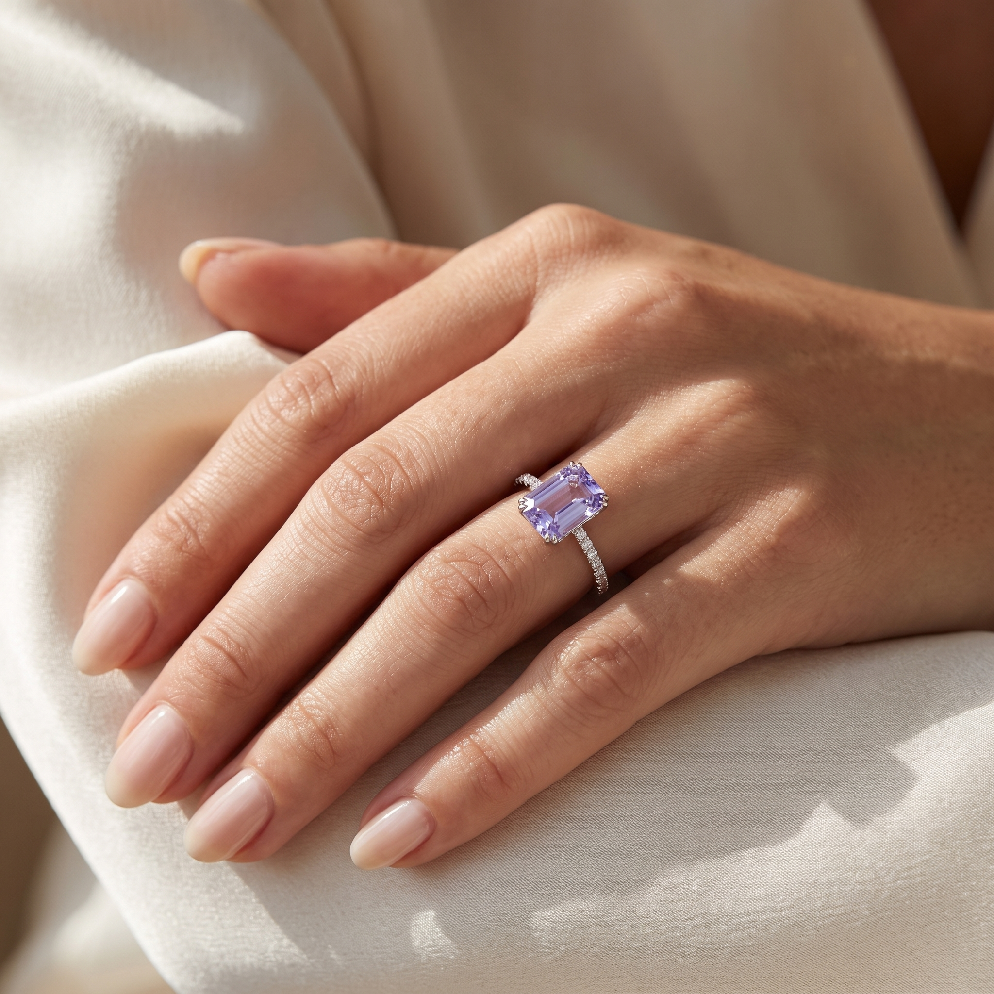 Lab Grown Lavender Diamond Ring | 5.42 CT Emerald Cut Lab Diamond | 18K White Gold Secondary image