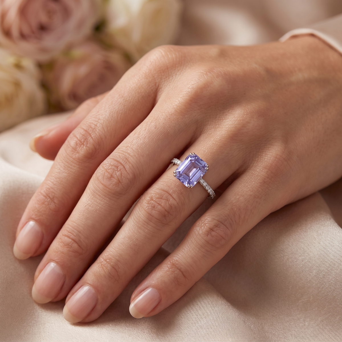 Lab Grown Lavender Diamond Ring | 5.42 CT Emerald Cut Lab Diamond | 18K White Gold