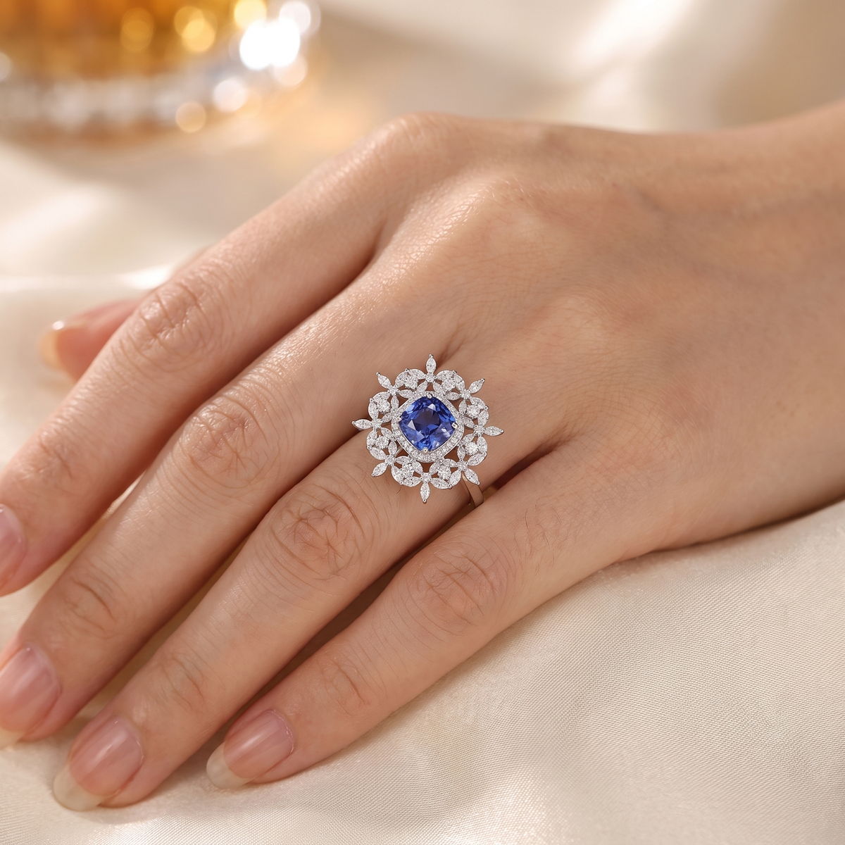 Lab Grown Blue Diamond Floral Halo Ring | 1.83 CT Lab Diamond | 18K White Gold