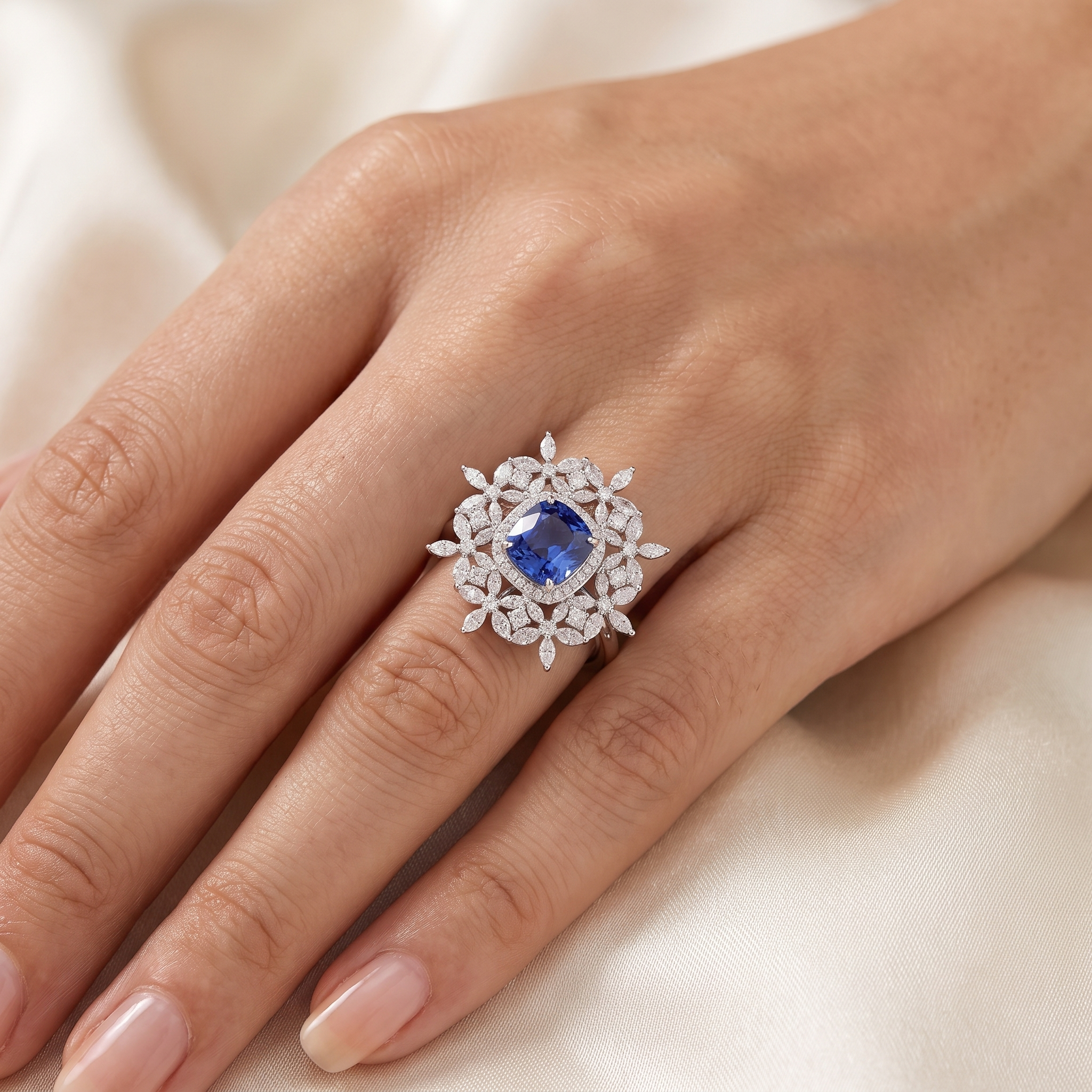 Lab Grown Blue Diamond Floral Halo Ring | 1.83 CT Lab Diamond | 18K White Gold Secondary image