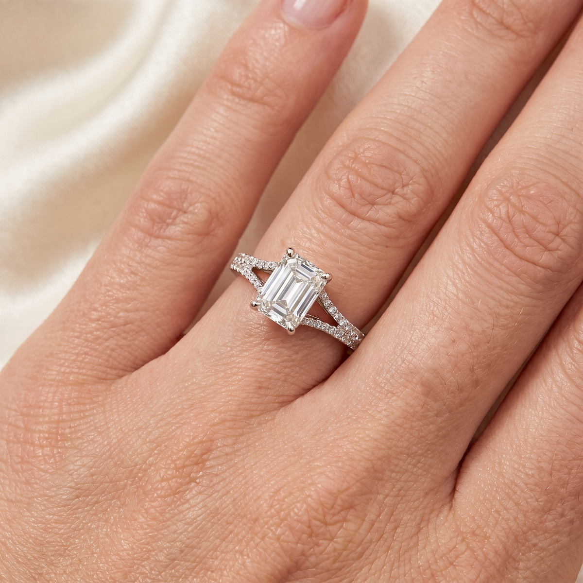Lab Grown Emerald Cut Diamond Engagement Ring | 2.04 CT Lab Diamond | 18K White Gold