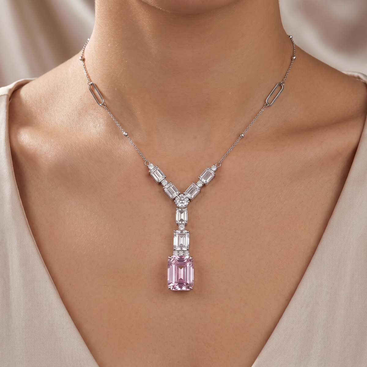 Lab Grown Morganite & Diamond Pendant Necklace | 2.02 CT Lab Grown Diamonds | 18K White Gold | Saleh Sallom Jewelry