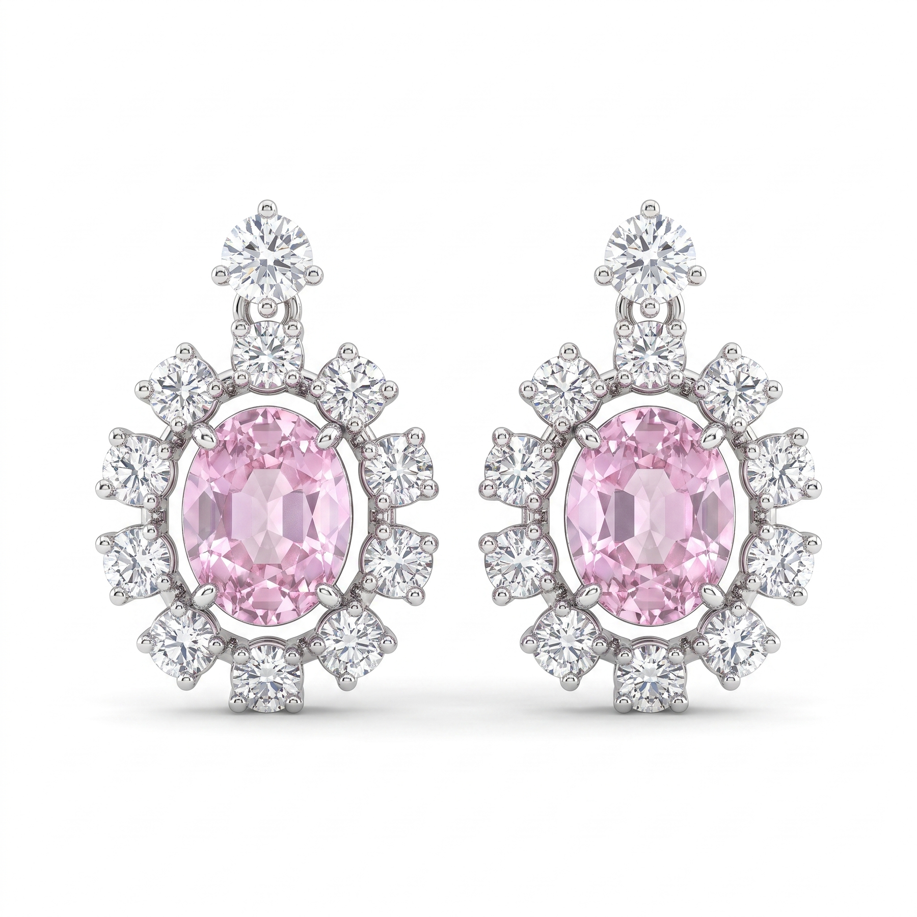 Natural Pink Sapphire & Diamond Halo Drop Earrings | 2.26 CT Natural Diamonds | 18K White Gold | Saleh Sallom Jewelry