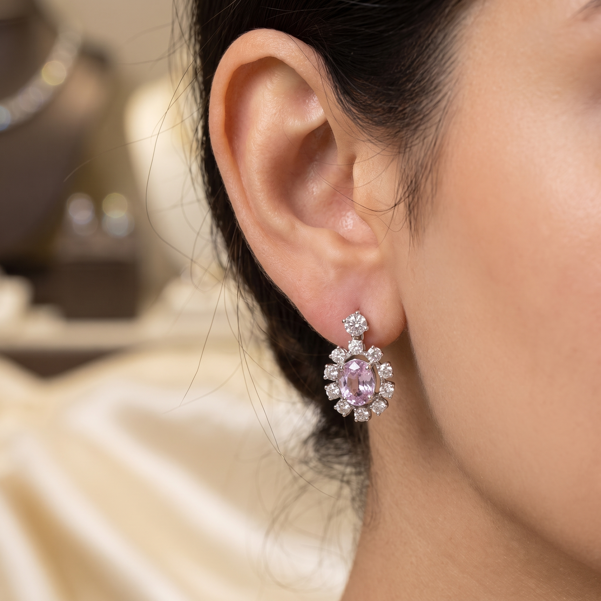 Lab-Grown Diamond & Pink Sapphire Halo Stud Earrings | 2.26 CT Lab-Grown Diamonds | 18K White Gold | Saleh Sallom Jewelry Secondary image