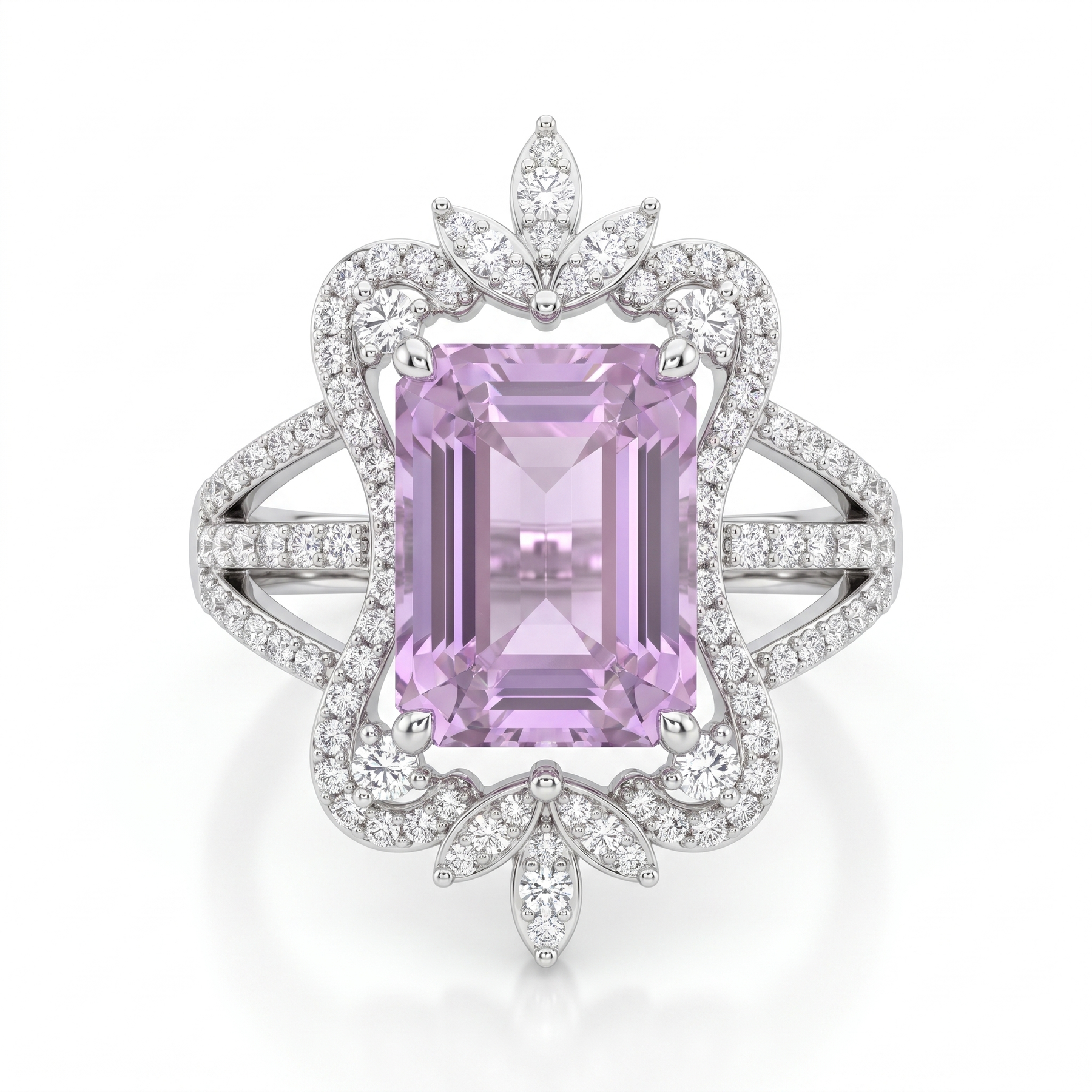 Natural Pink Sapphire & Diamond Floral Halo Ring | 1.20 CT Natural Diamonds | Emerald Cut Pink Sapphire | 18K White Gold | Saleh Sallom Jewelry