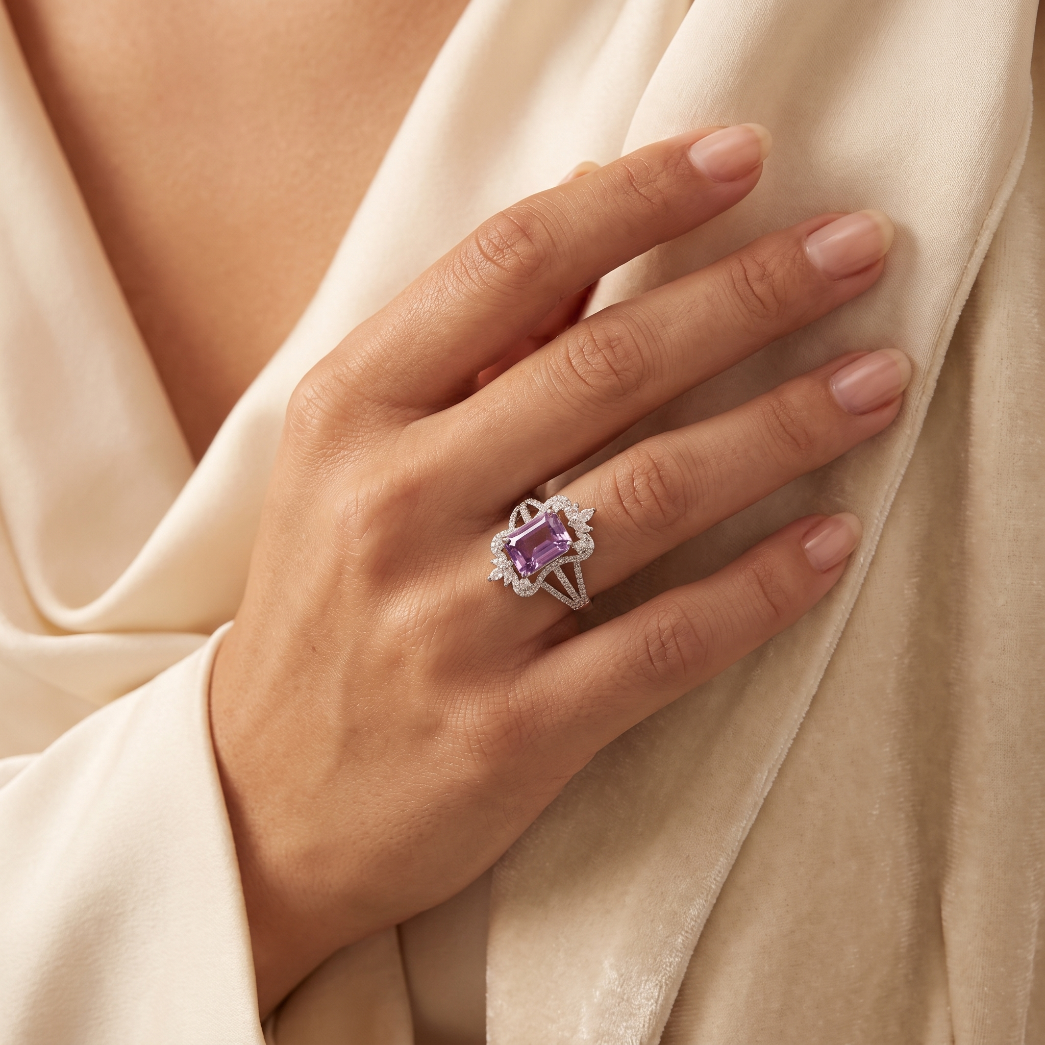 Natural Pink Amethyst & Lab-Grown Diamond Floral Halo Ring | 1.20 CT Lab-Grown Diamonds | 18K White Gold | Saleh Sallom Jewelry Secondary image