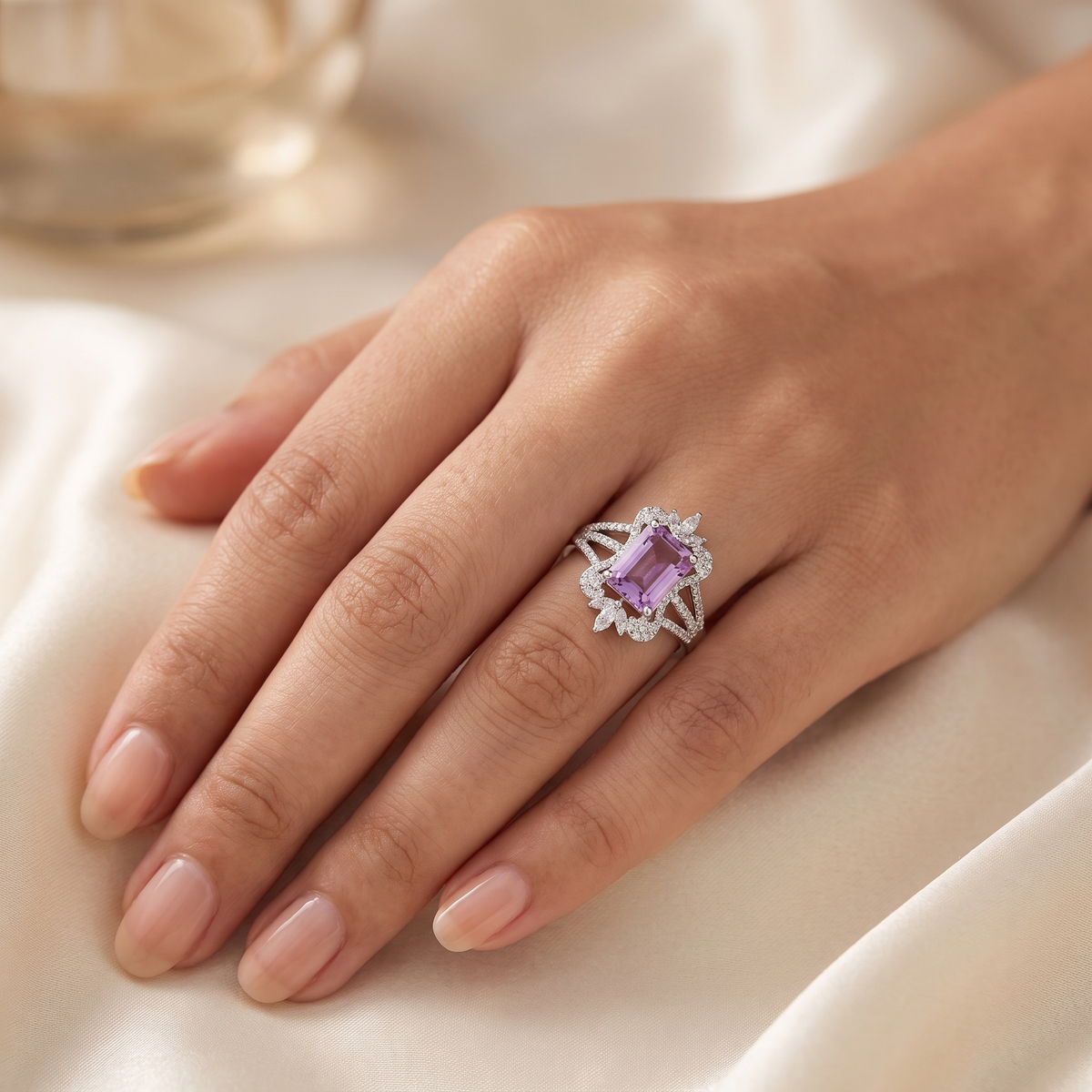 Natural Pink Amethyst & Lab-Grown Diamond Floral Halo Ring | 1.20 CT Lab-Grown Diamonds | 18K White Gold | Saleh Sallom Jewelry