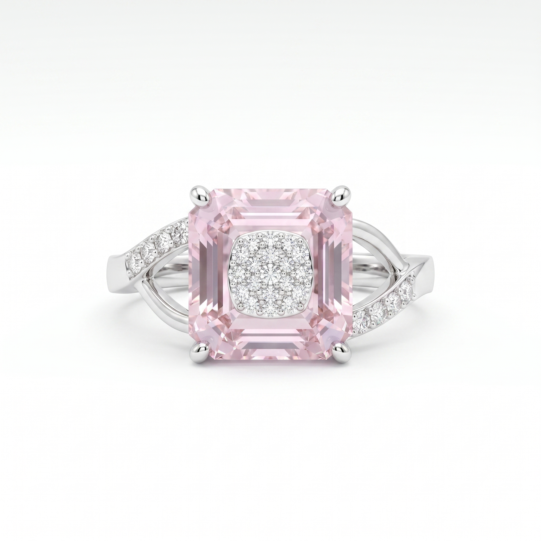 Natural Pink Sapphire & Diamond Ring | 7.04 CT Emerald Cut Pink Sapphire | 0.11 CT Natural Diamonds | 18K White Gold | Saleh Sallom Jewelry