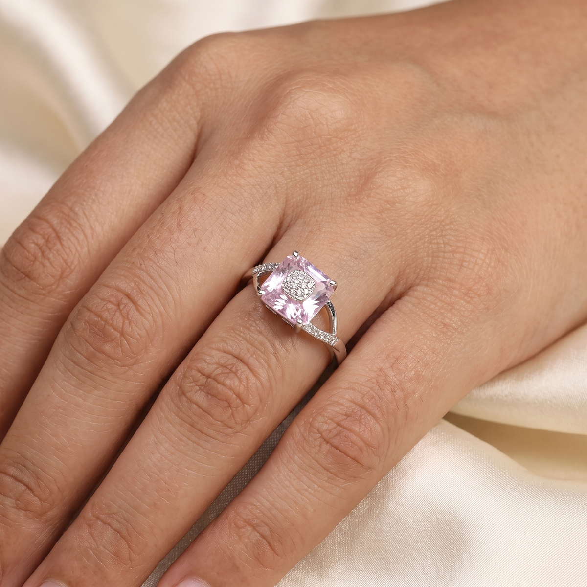Natural Pink Morganite & Lab-Grown Diamond Ring | 7.04 CT Morganite | 0.11 CT Lab-Grown Diamonds | 18K White Gold | Saleh Sallom Jewelry