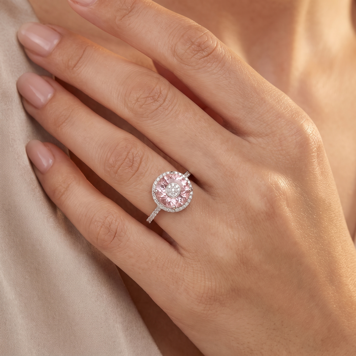Lab-Grown Diamond Halo Ring | 7.36 CT Morganite | 0.36 CT Lab-Grown Diamonds | 18K White Gold | Saleh Sallom Jewelry